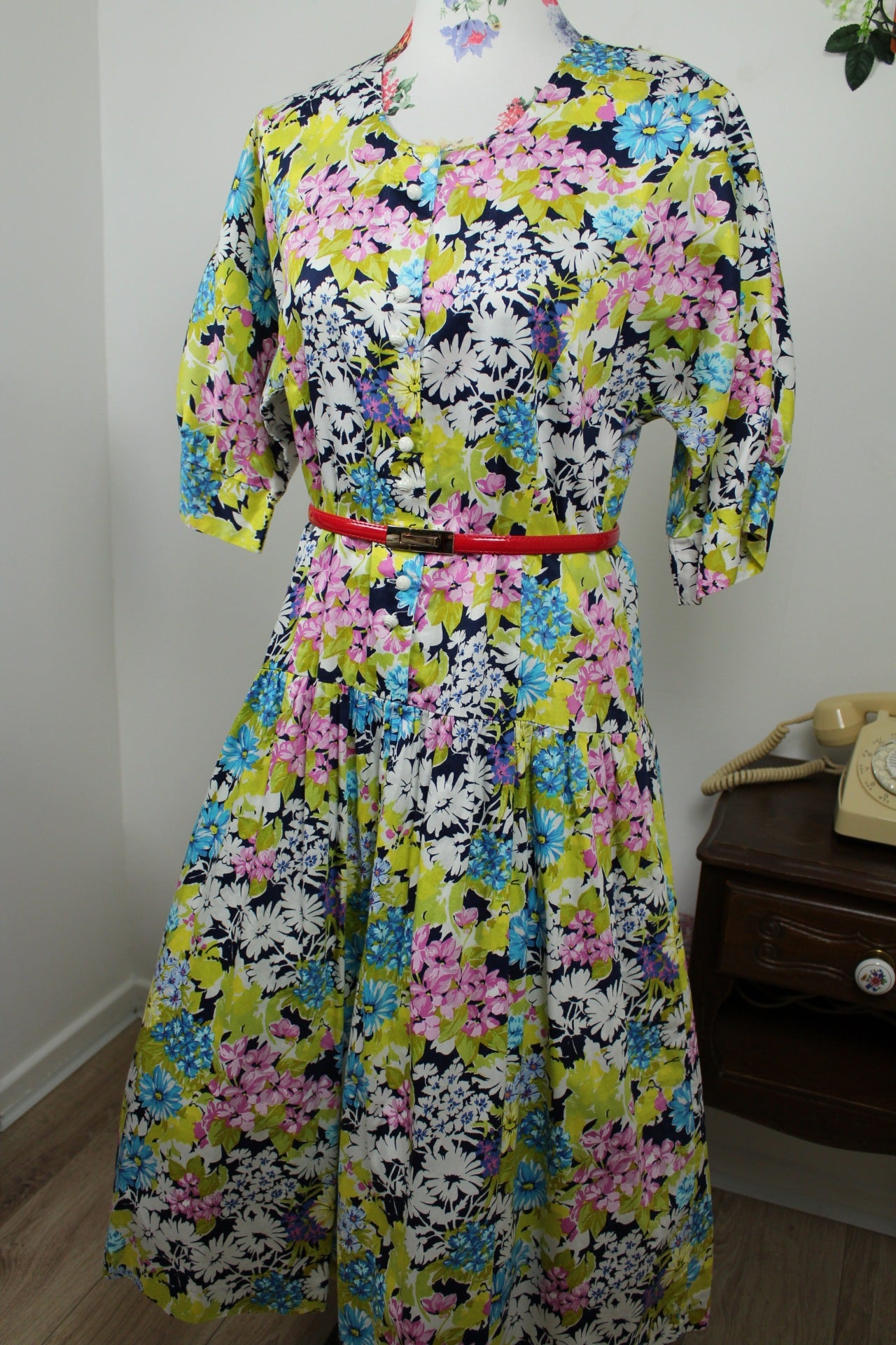 🌸🍒Robe vintage 80's fleurie Gevana - manches bouffantes 100% coton - Taille 38/40🍒🌸