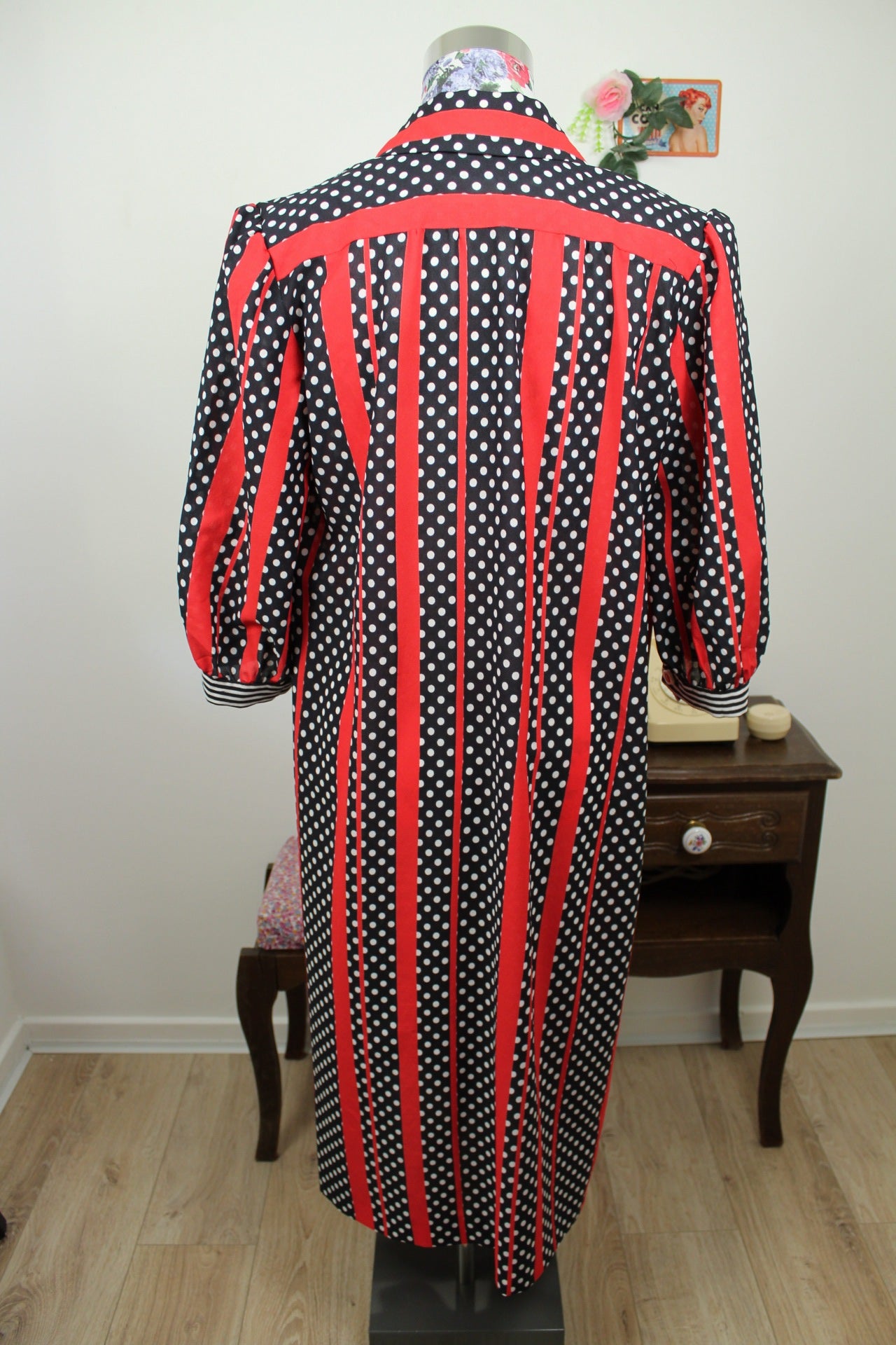 🌸🍒Robe vintage 70/80's pin-up/rockabilly pois & rayures boutonnée - Taille 42/44🍒🌸