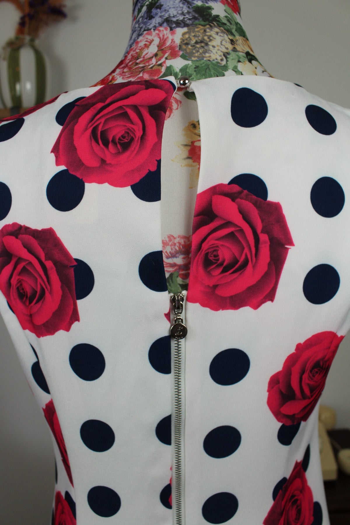 🌸🍒Robe rockabilly/pin-up pois marine & roses fuchsia - Jus d'Orange - Taille 38🍒🌸