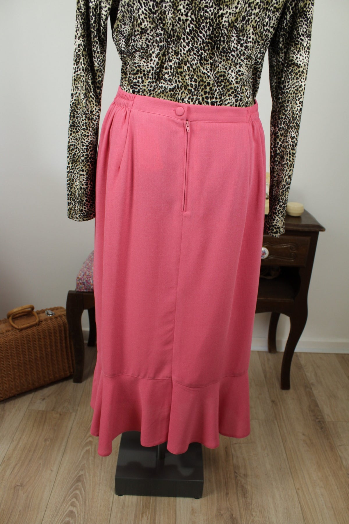 Jupe longue vintage années 80/90 Caty Jane - rose poudré, broderies & boutons - Taille 40/42
