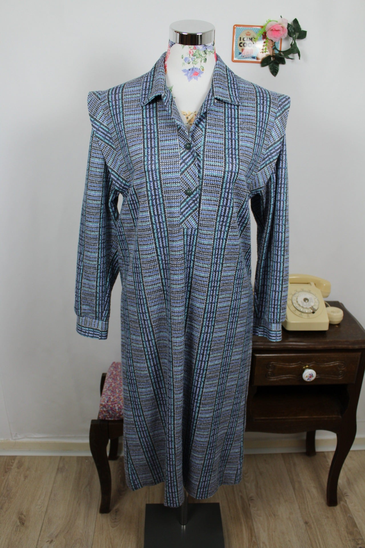 🌸🍒Robe vintage 70/80's d'hiver graphique bleu & verte - ceinture incluse - Taille 38/40🍒🌸