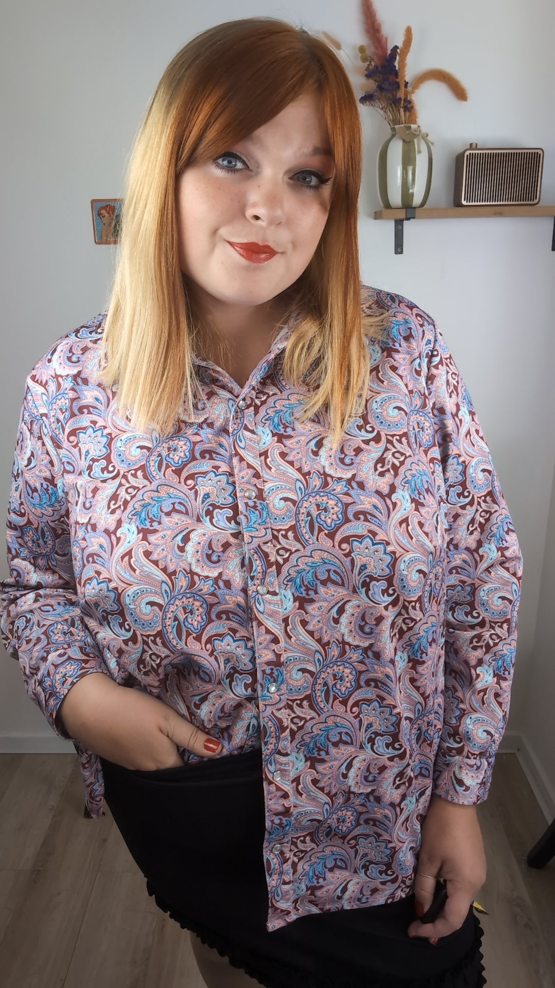 Chemise vintage années 90 fleurie baroque & boutons pressions nacrés - Taille 46/48