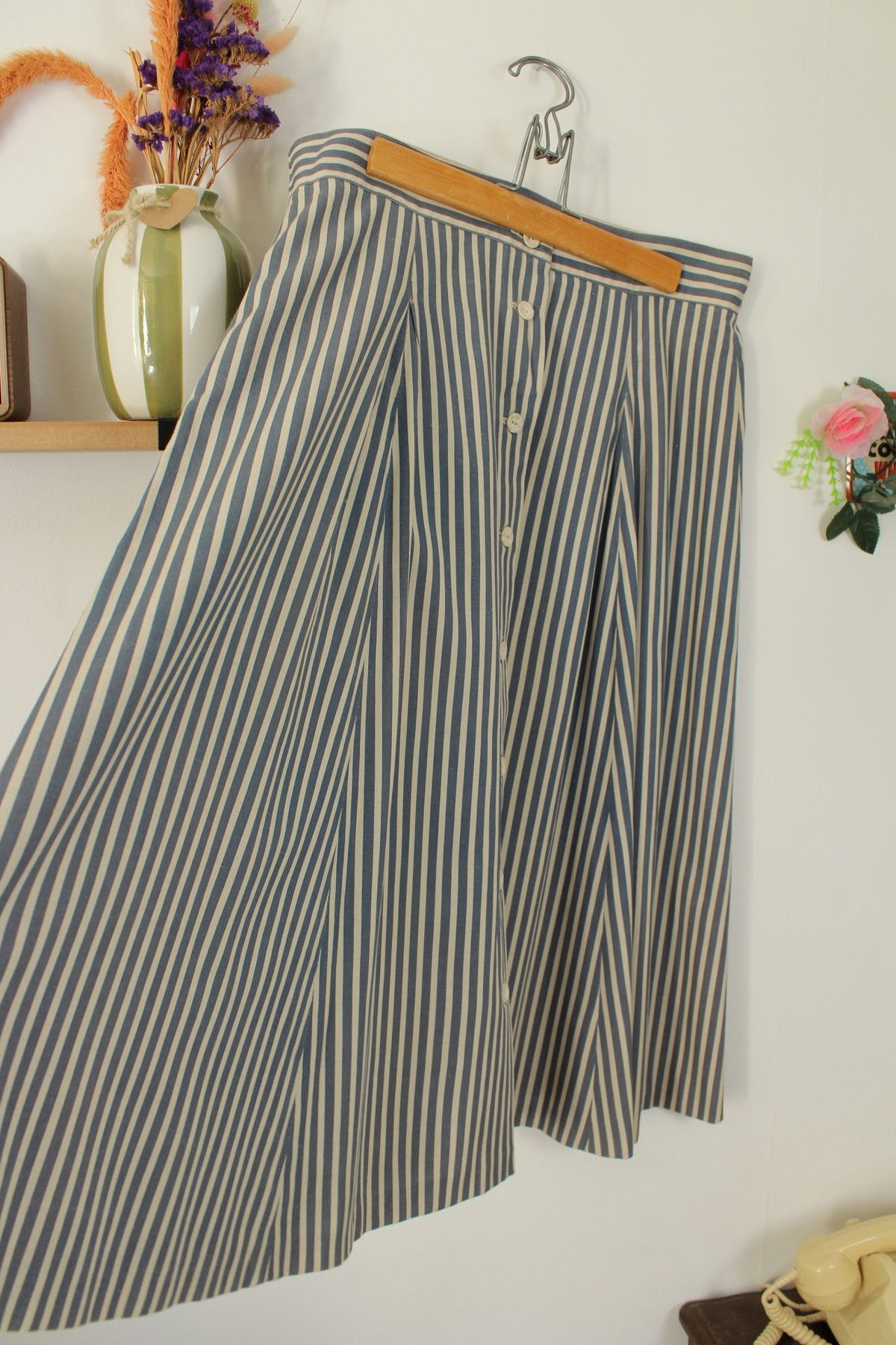 Jupe midi Navy vintage années 90 esprit marin à rayures en lin - Taille 42