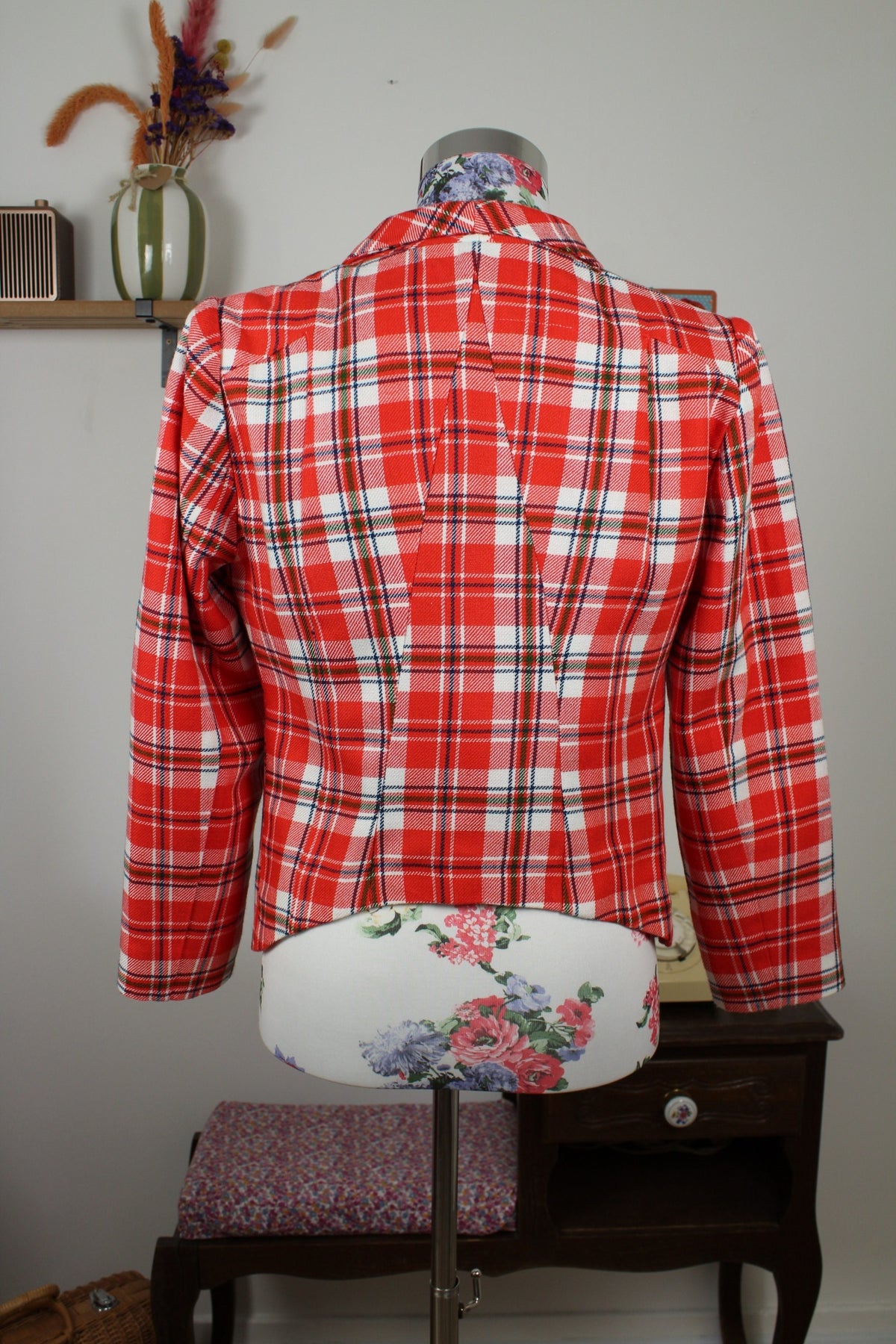 Veste vintage années 80 carreaux tartan rouge & blanc - à deux pans pointus - Taille 38