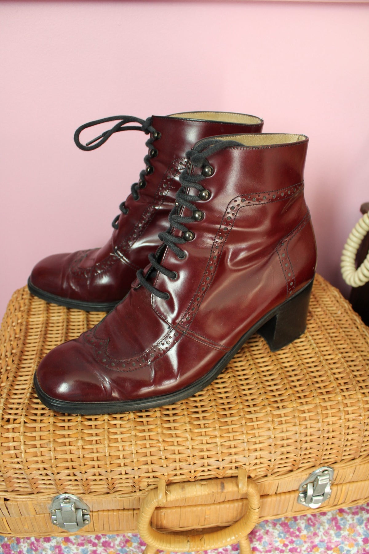 Bottines en cuir verni bordeaux Bocage style rétro victorien dark academia - pointure 39