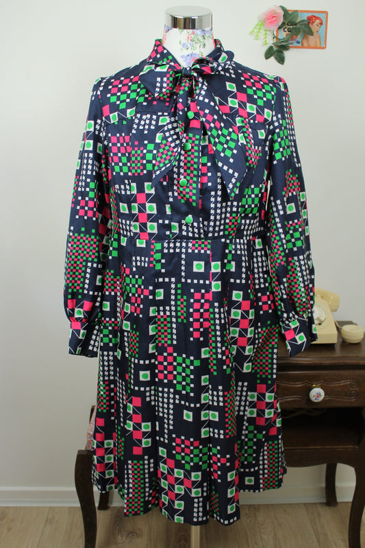 🌸🍒Robe vintage 70's formes géométriques psychédéliques vert & rose flashy - Taille 38🍒🌸