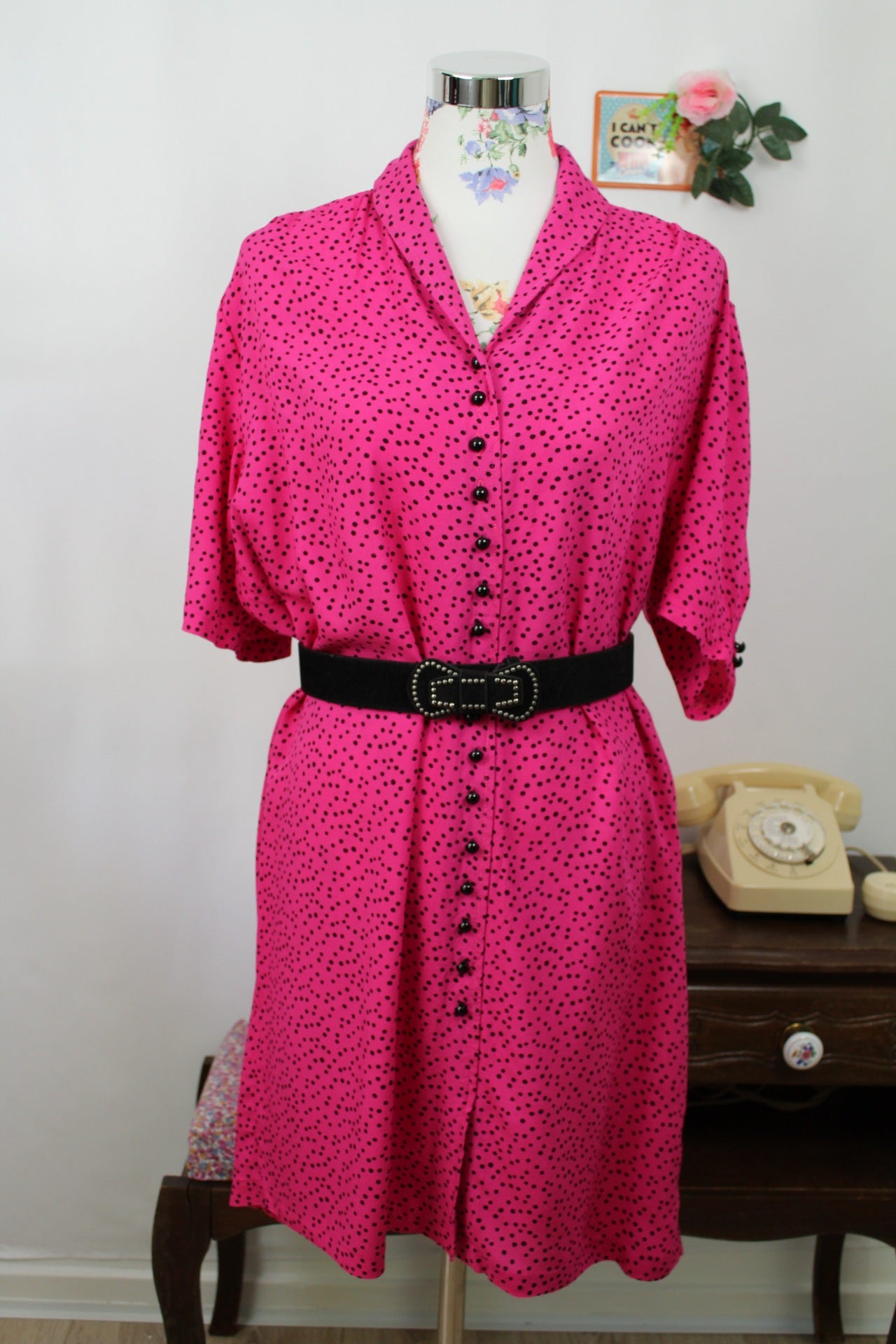 🌸🍒Robe vintage 80's rose pep's et pois style pin-up/rockabilly 50's - Taille 42/44🍒🌸