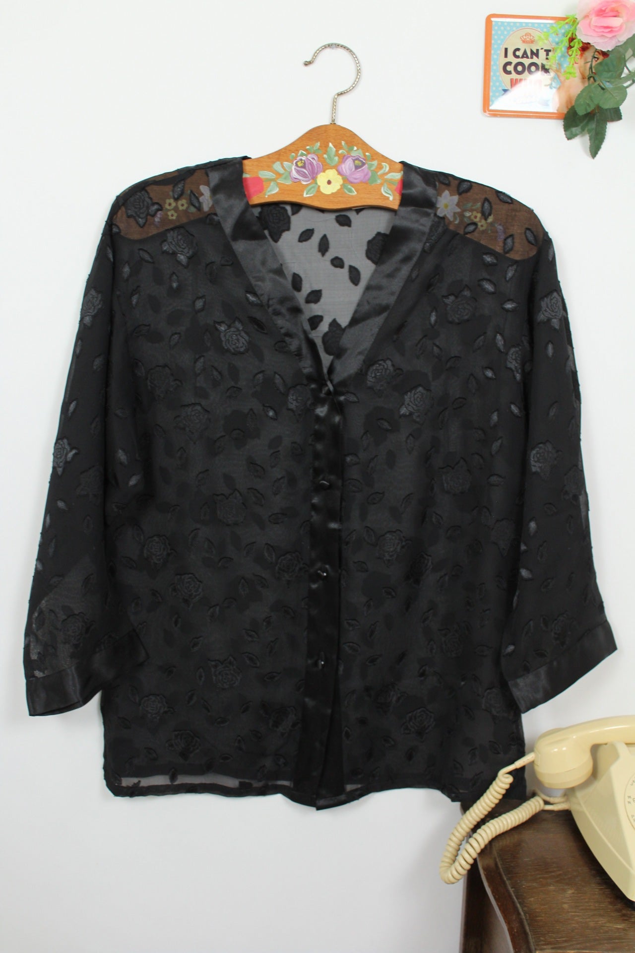 🌸🍒Blouse vintage 80's romantique roses & pétales - boutonnière satinée - Taille 36/38🍒🌸