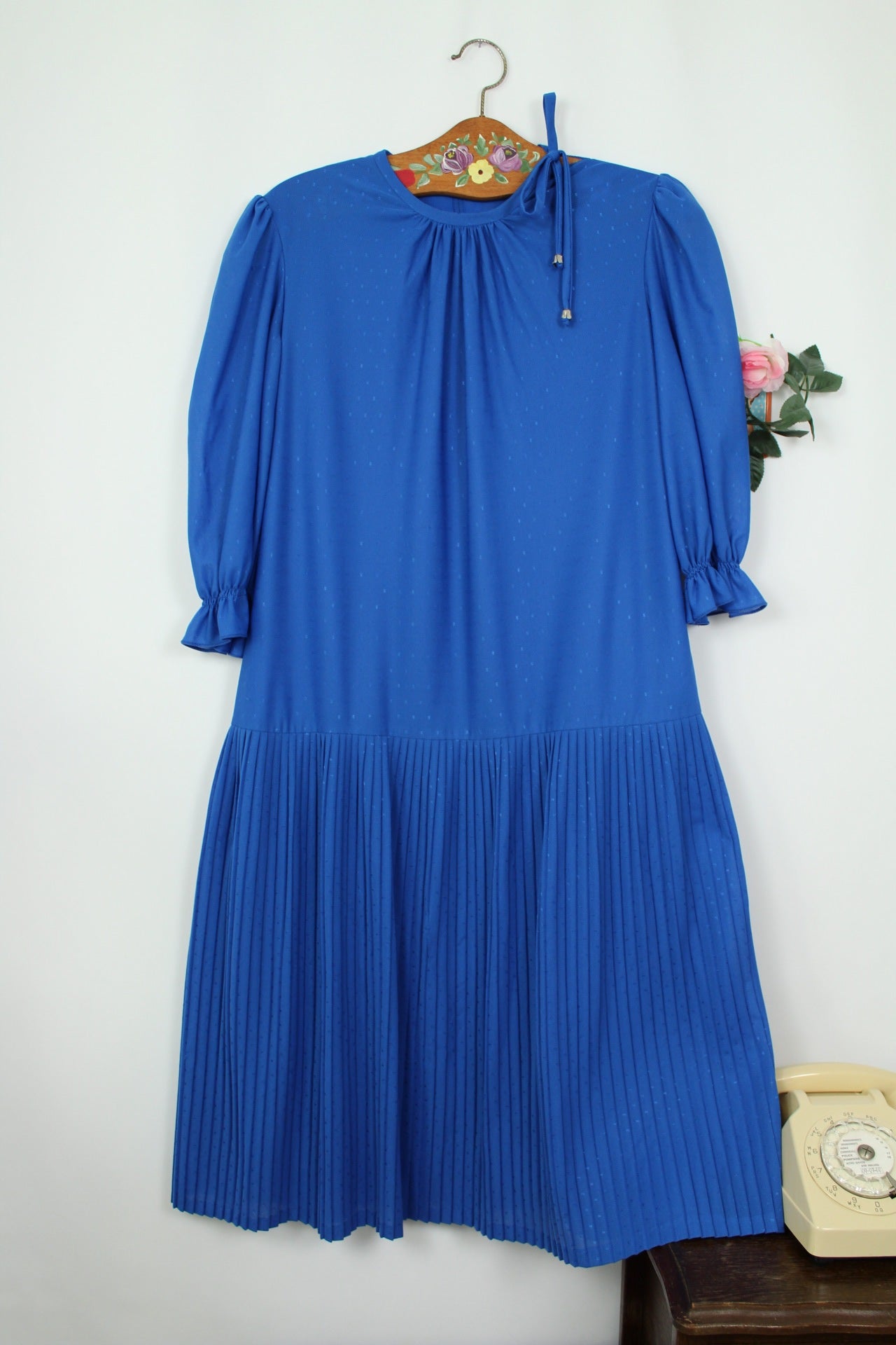 🌸🍒Robe bleue plissée vintage 70/80's manches bouffantes - Taille 40/42🍒🌸