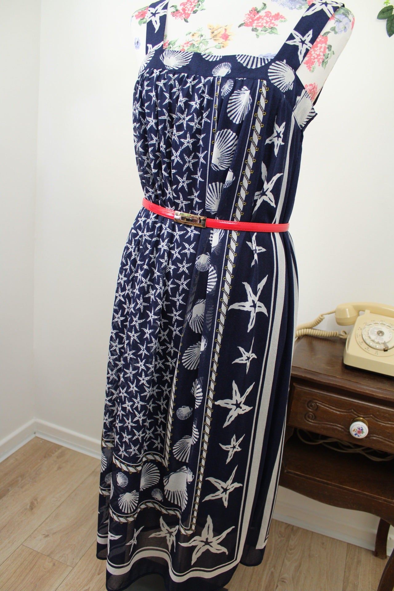 🌸🍒Robe vintage 80's imprimé marin coquillages - Navy vintage - Taille 36/38🍒🌸