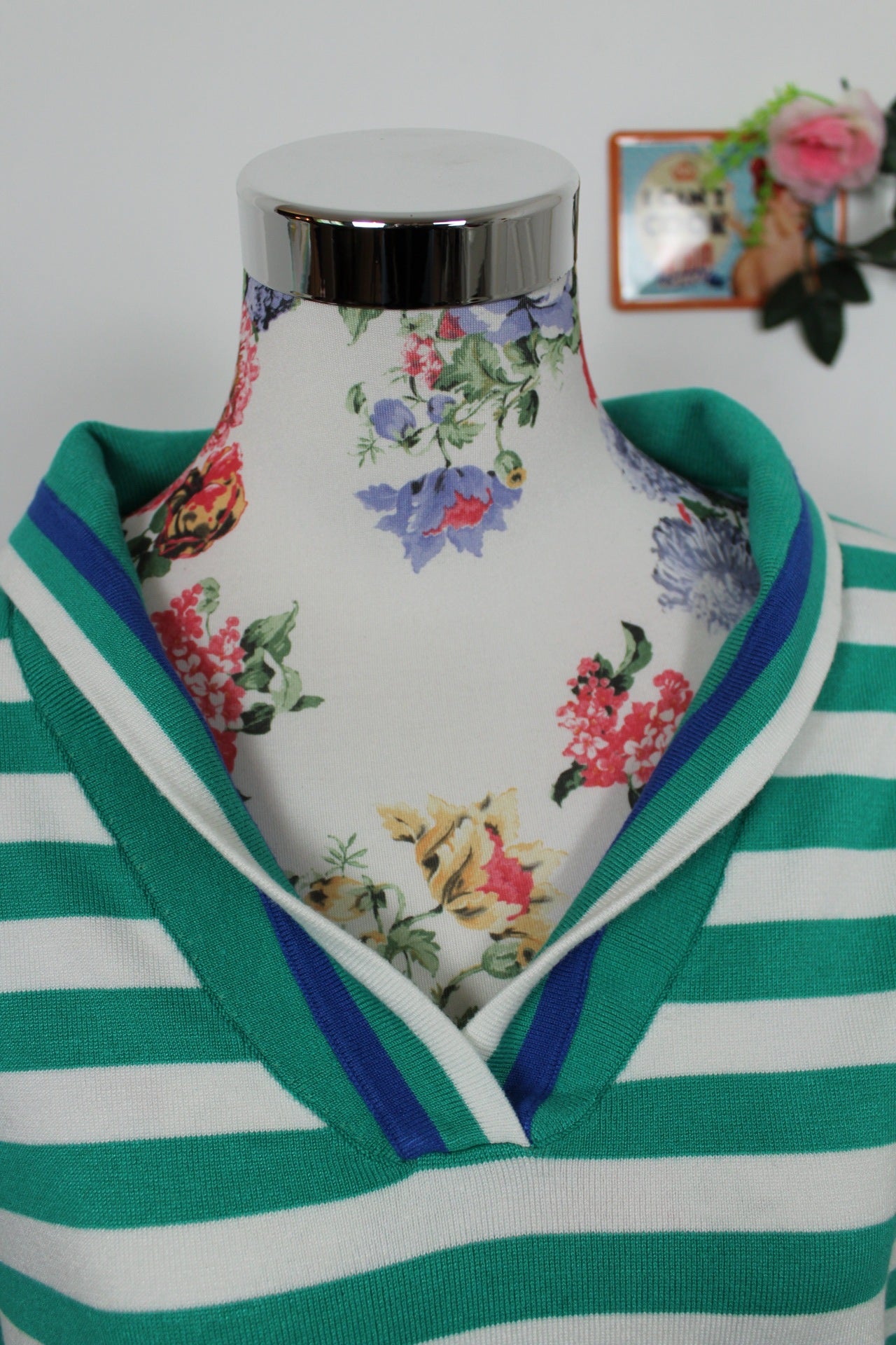 🍒🌸Polo rétro 80's rayé vert & blanc - Julie Guerlande - Taille 40/42🌸🍒