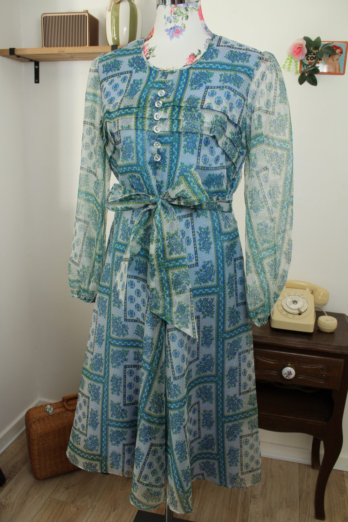 Robe midi vintage années 70 - bohème fleurie manches transparentes - Taille 38