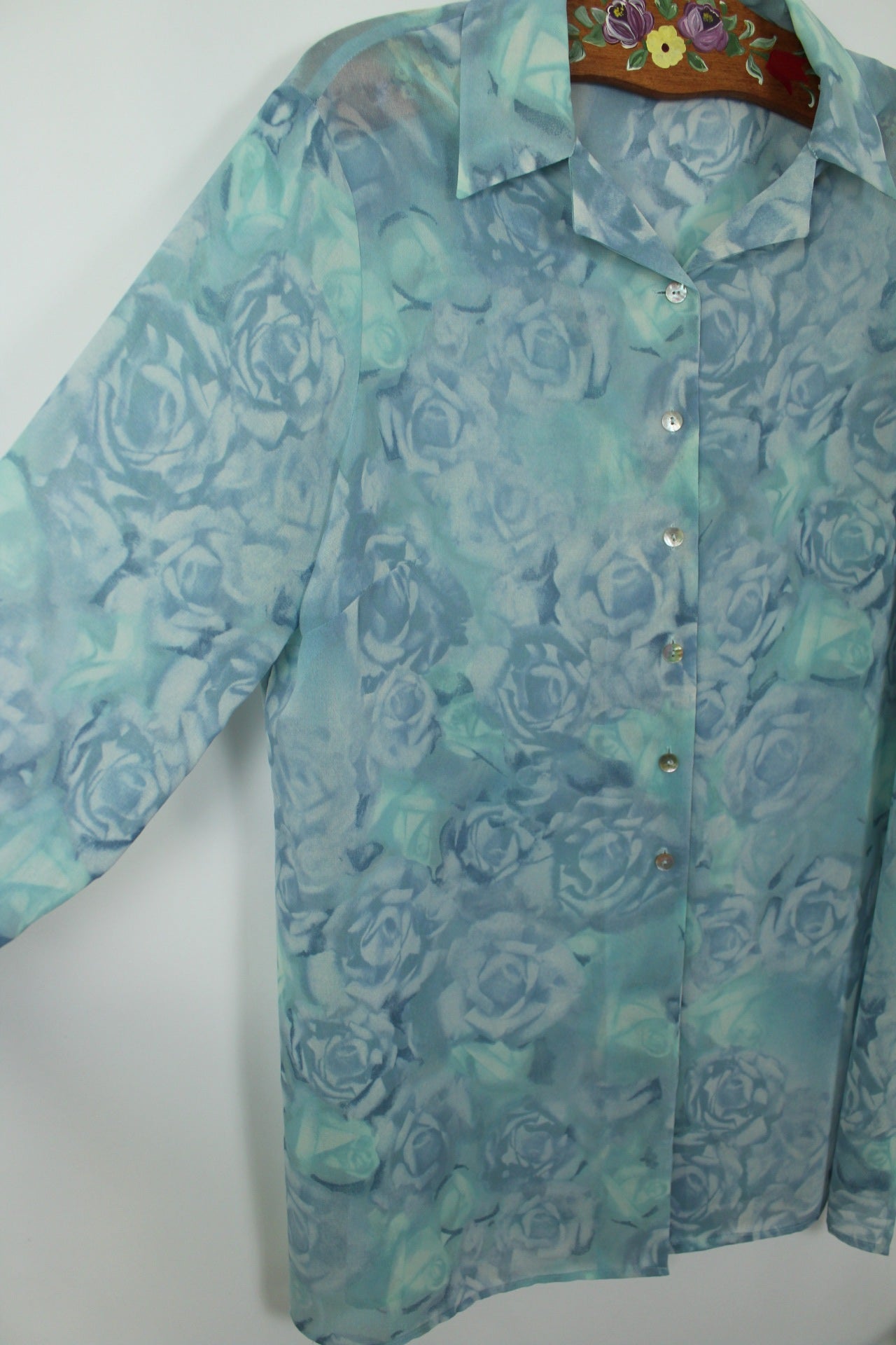 🌸🍒Chemise longue vintage 90's voile roses bleues - Taille 44/46🍒🌸