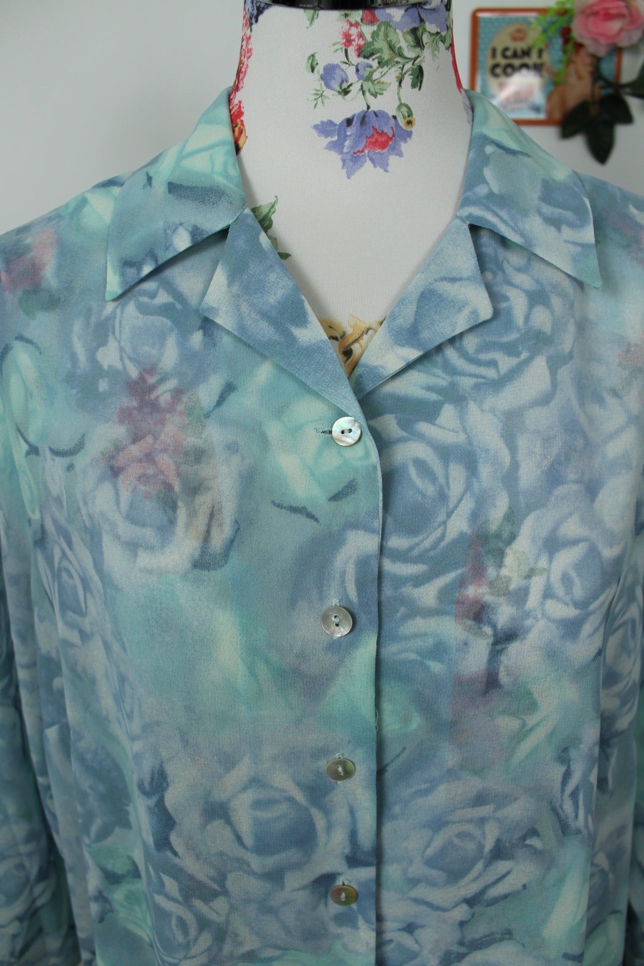 🌸🍒Chemise longue vintage 90's voile roses bleues - Taille 44/46🍒🌸
