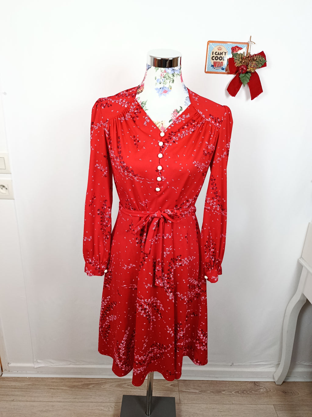 ✨Robe rouge vintage 70's Basma - branchage fleuri esprit Noël parisienne chic✨