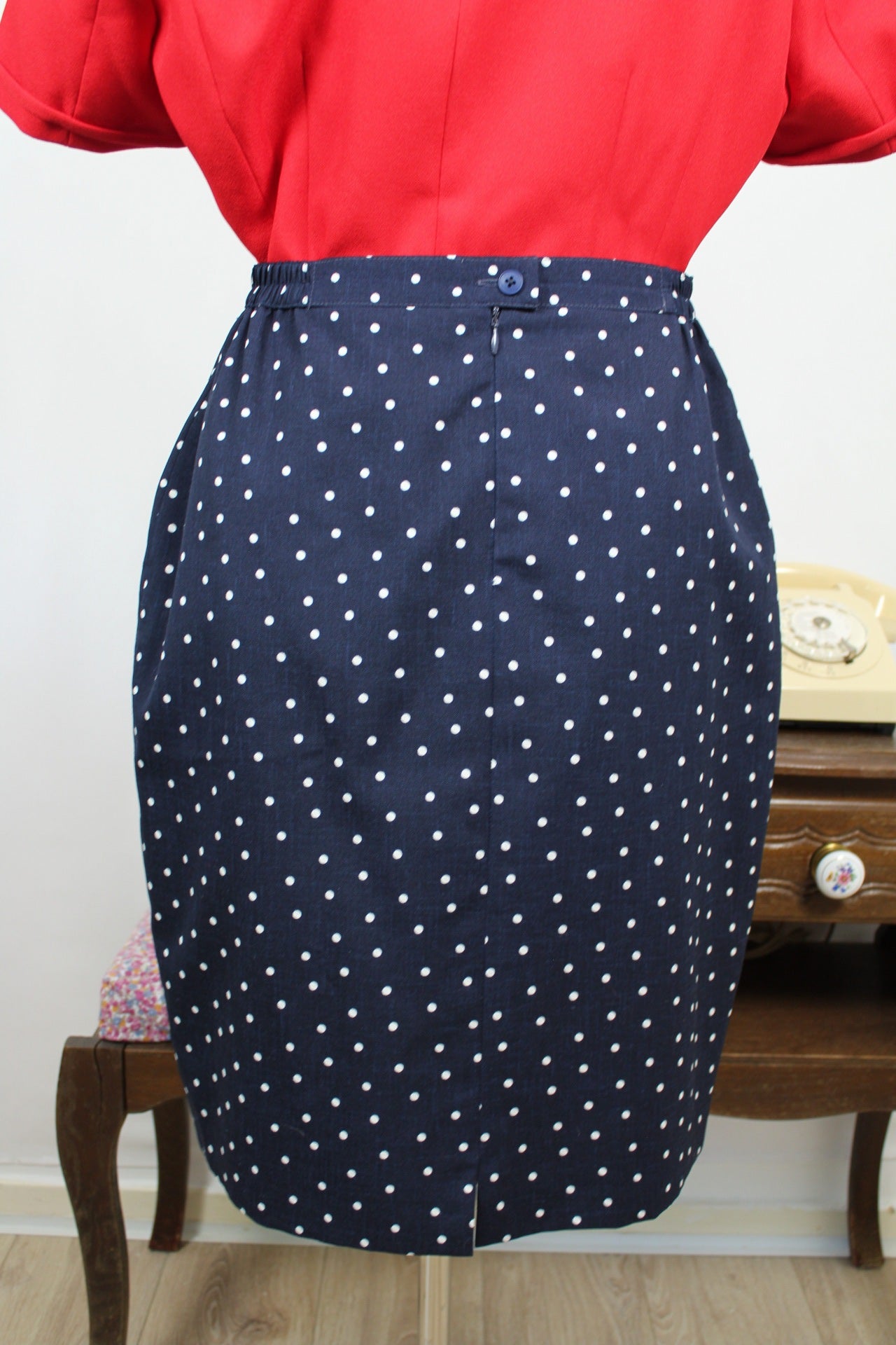 🌸🍒Jupe vintage 80's esprit pin-up rockabilly bleu marine à pois - Taille 38/40🍒🌸