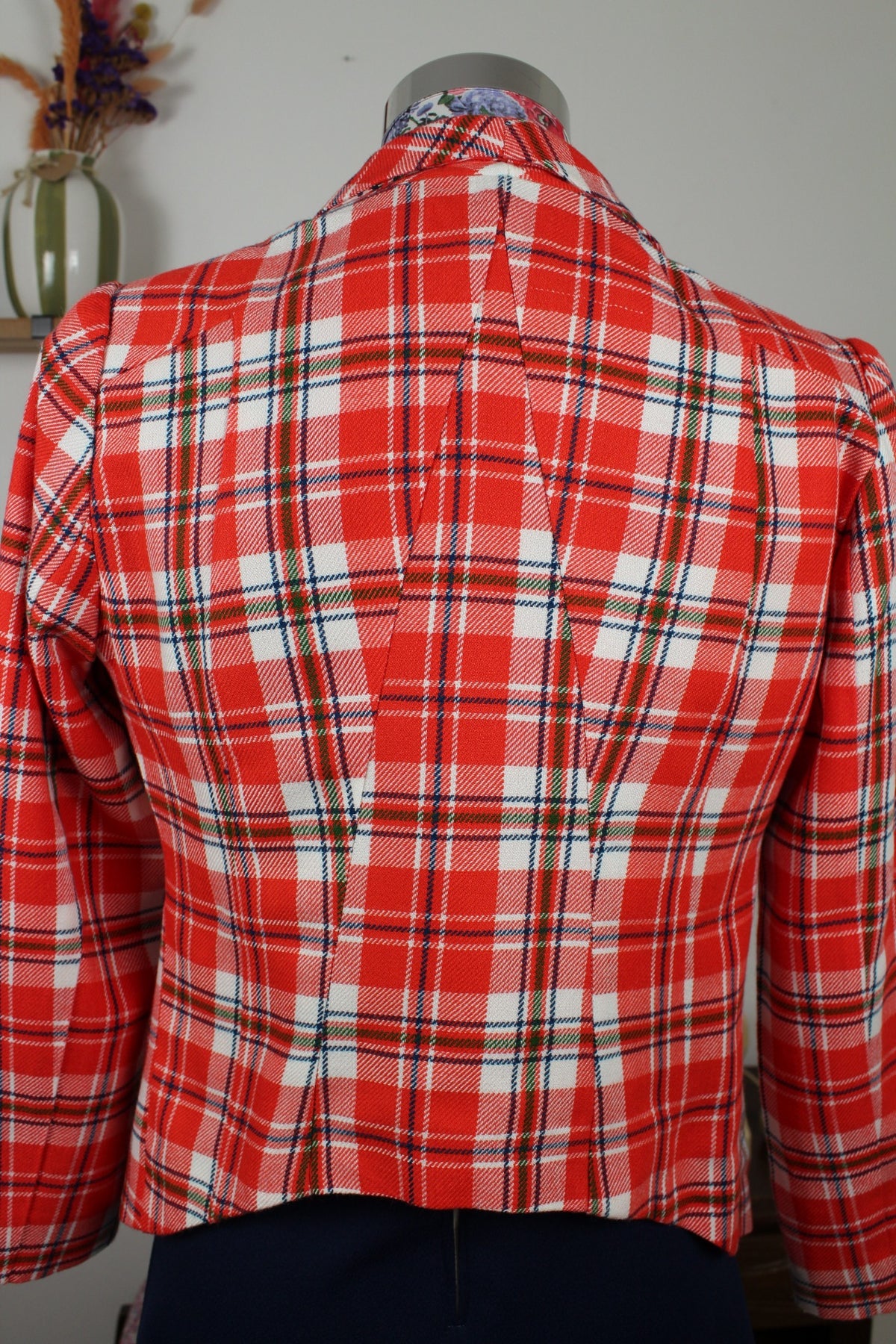 Veste vintage années 80 carreaux tartan rouge & blanc - à deux pans pointus - Taille 38