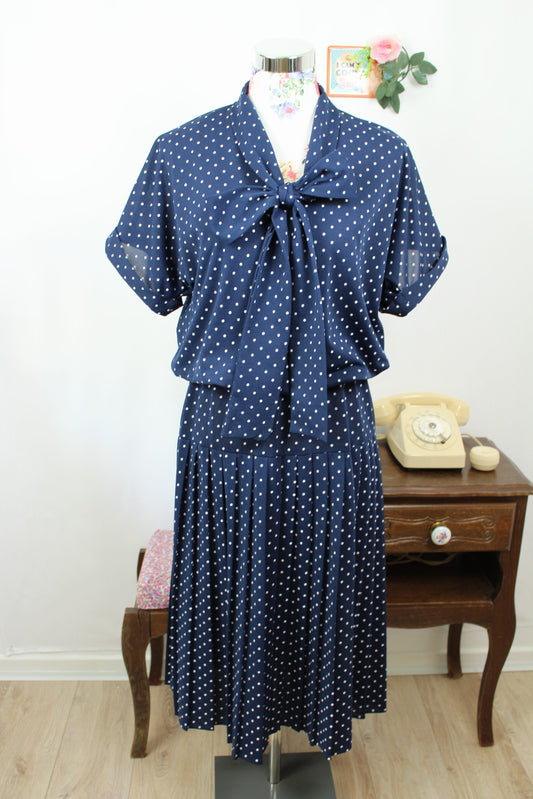🌸🍒Robe vintage 80's pin-up/rockabilly bleu marine à pois & col lavallière - Taille 38🍒🌸