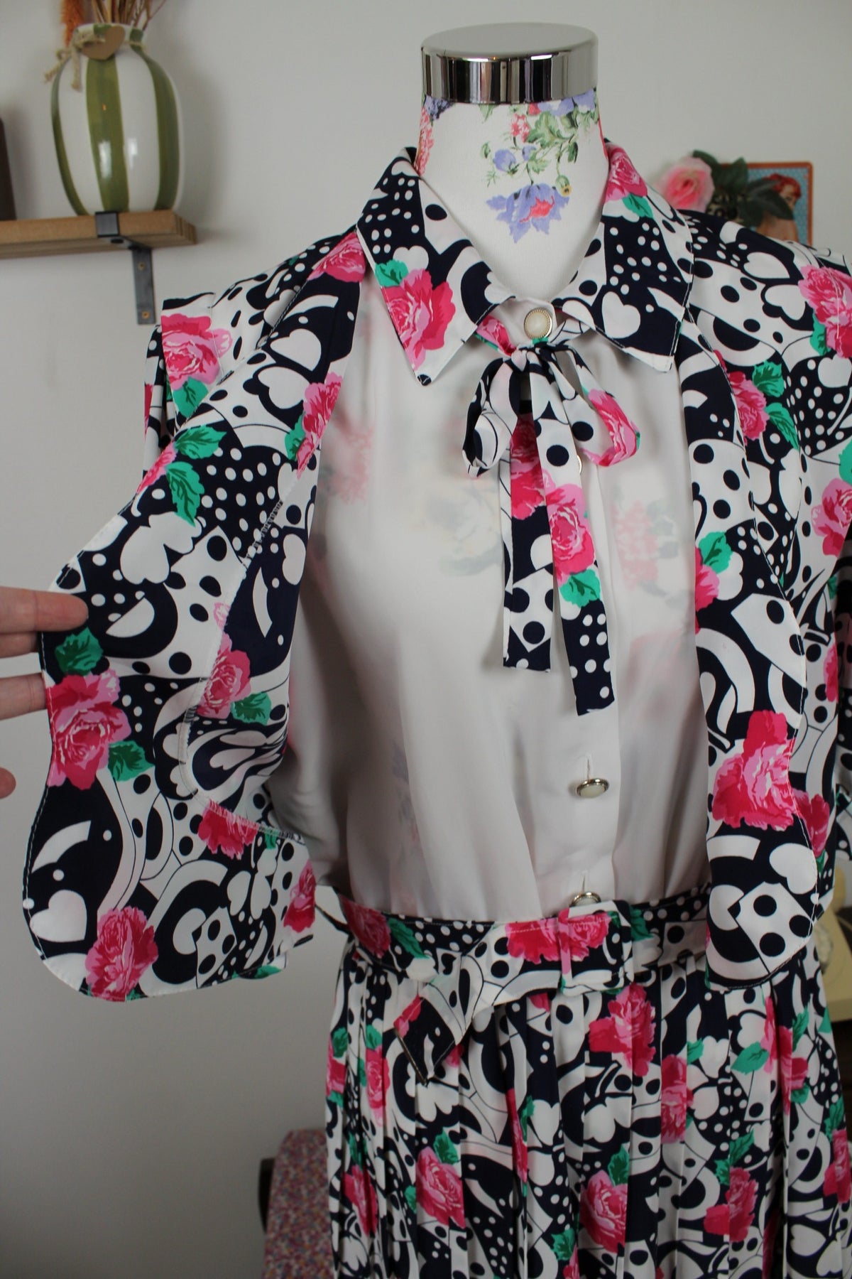 Robe vintage années 80 roses, pois & trèfles - boléro inclus - Taille 46/48