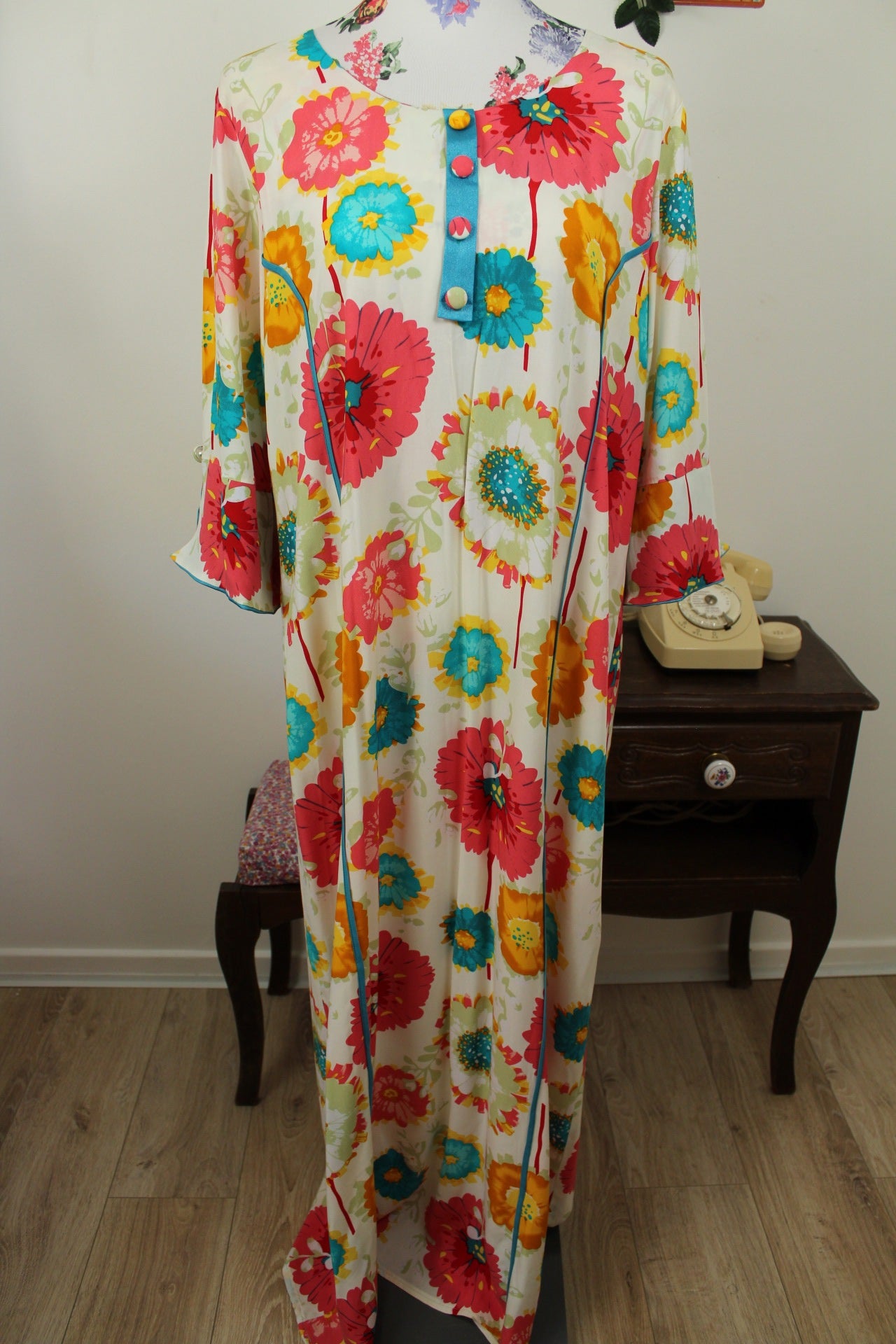 🌸🍒Robe vintage longue 70's hippie motif floral XXL coloré - T.42/44🍒🌸