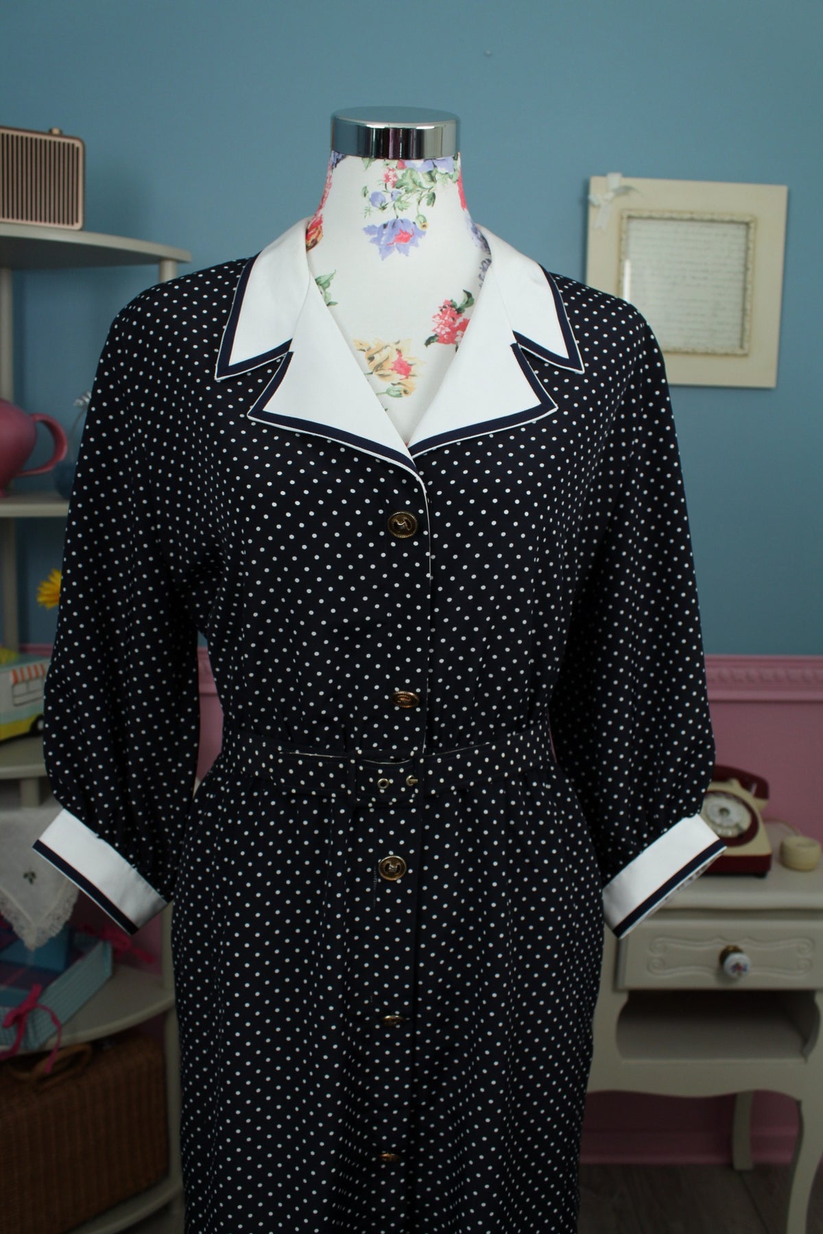 Robe années 80 bleu marine à pois pin-up Navy preppy vintage - Taille 40/42