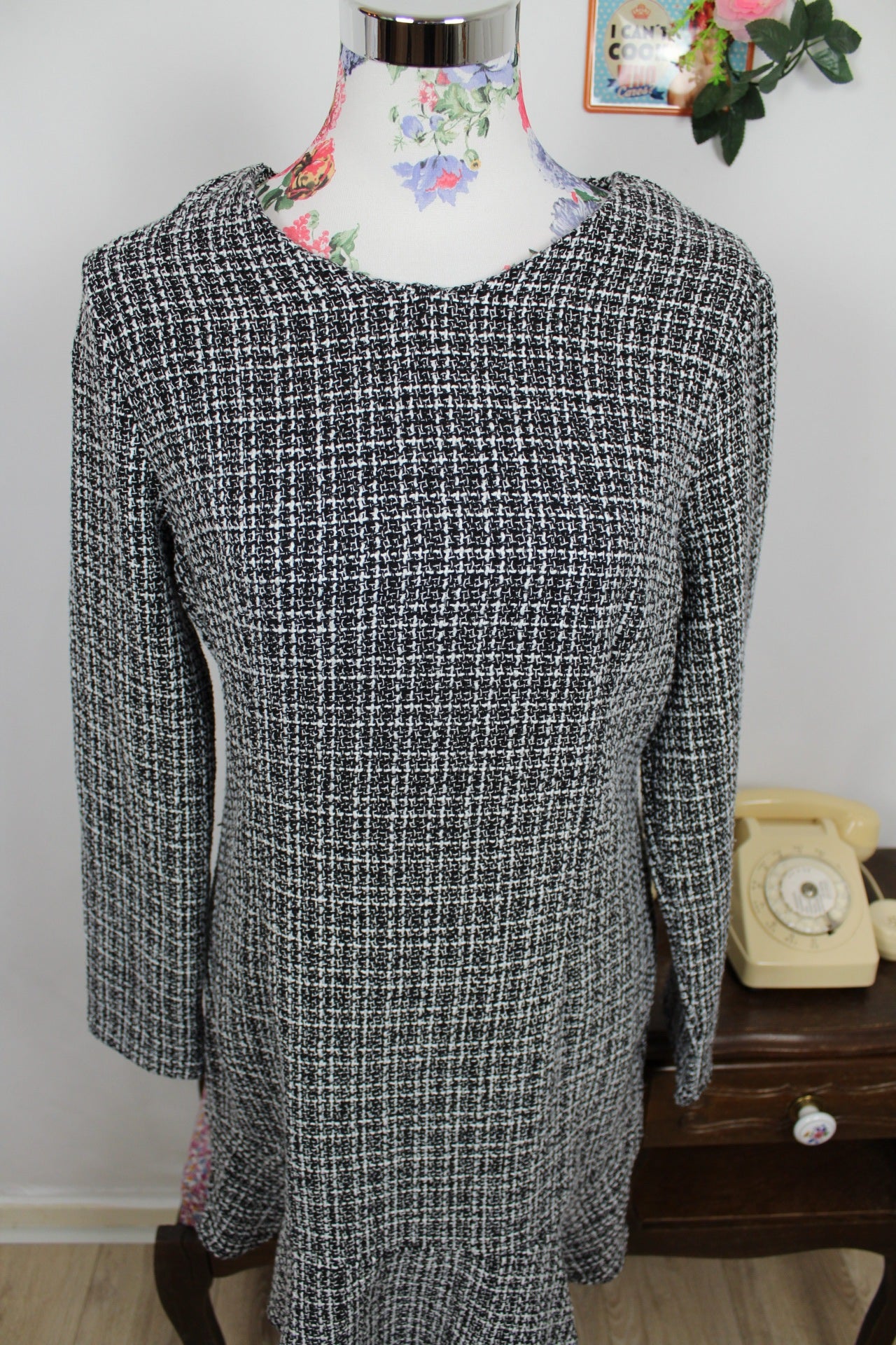 🌸🍒Robe d'hiver tweed noir & blanc - chic preppy - Taille 38/40🍒🌸