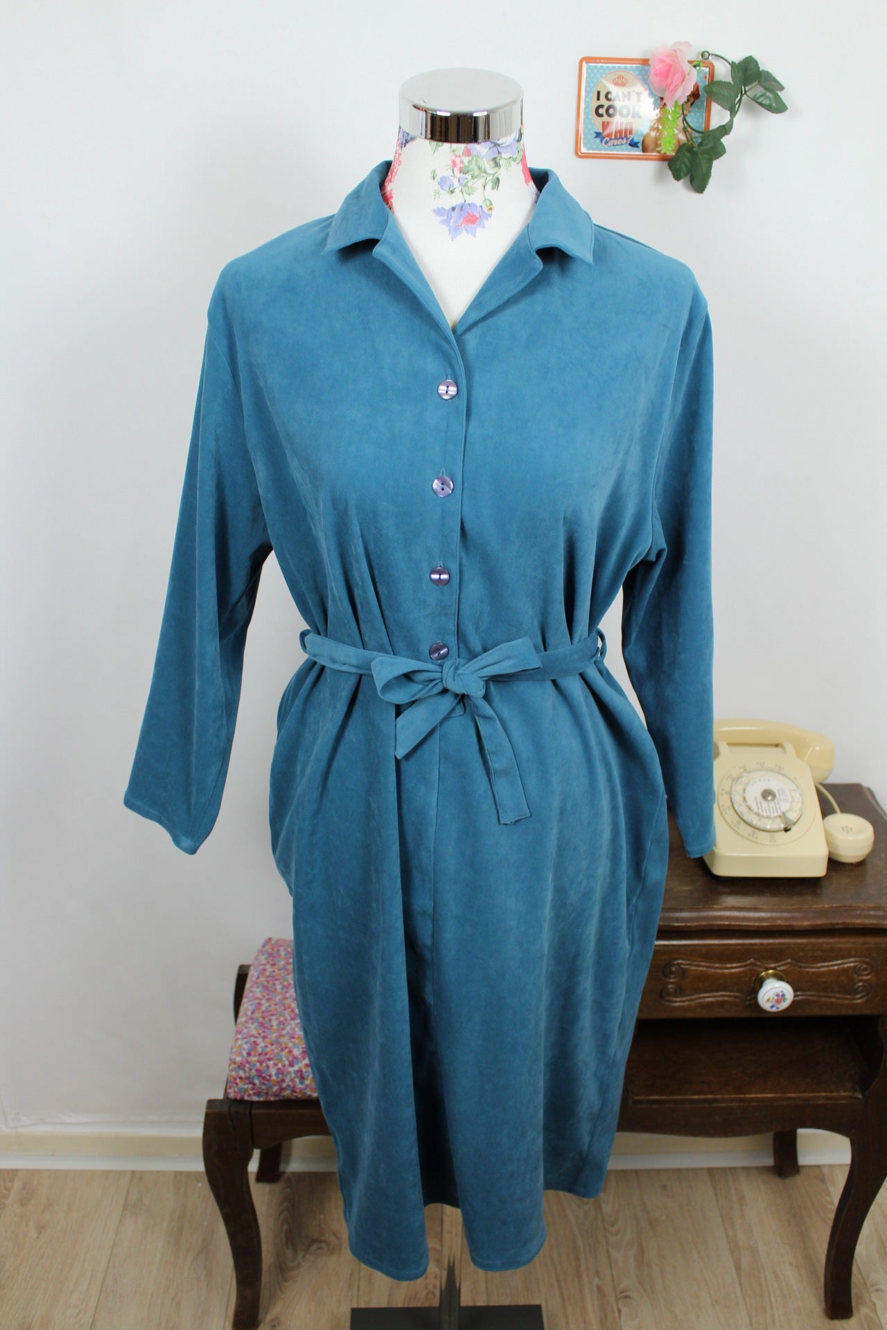 🌸🍒Robe bleu vintage velours lisse - esprit chemise ceinturée - années 90 - Taille 40/42🍒🌸