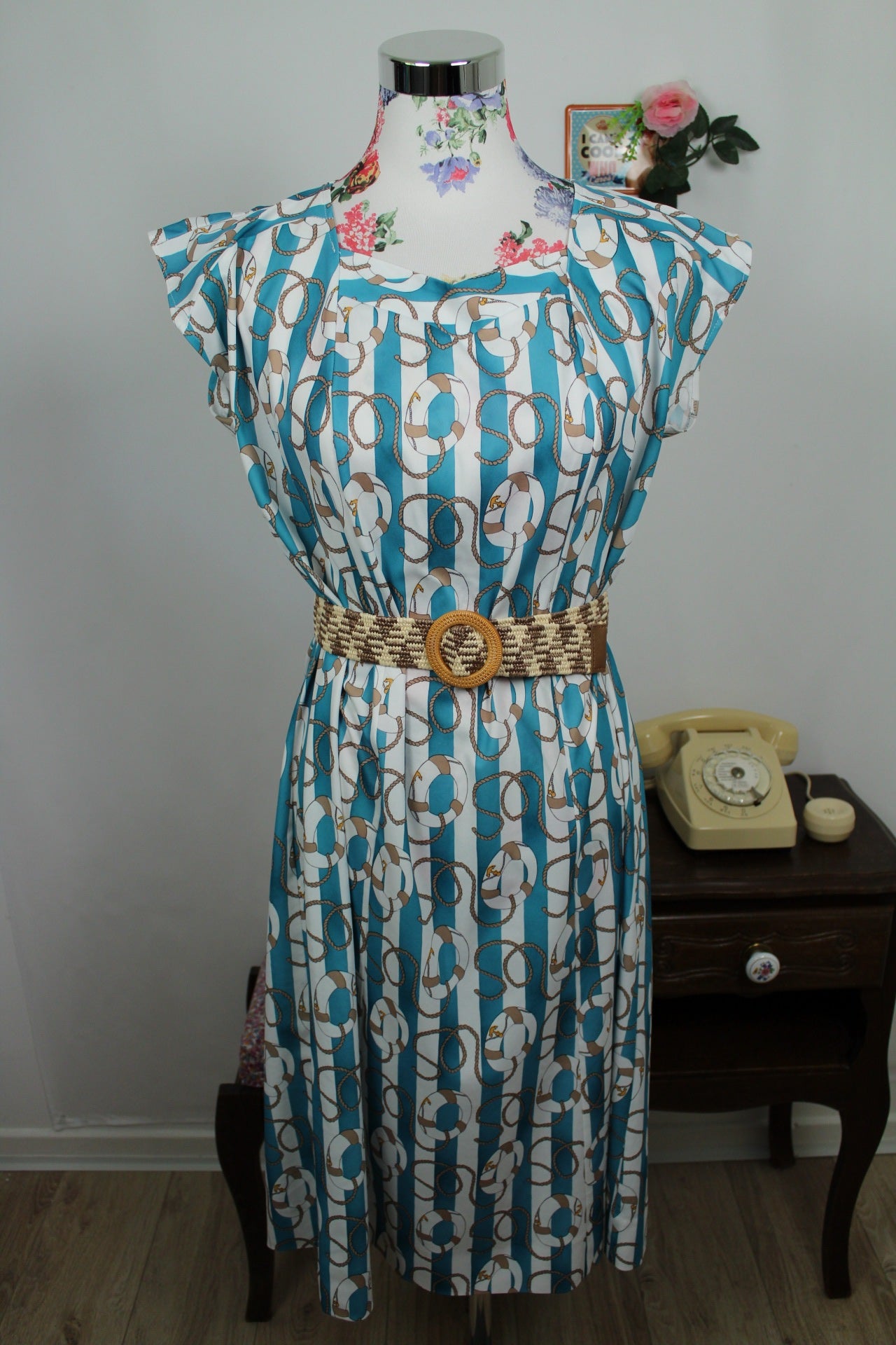 🌸🍒Robe vintage 80's Navy rayures turquoises & motifs nautiques - Taille 38 à 42🍒🌸