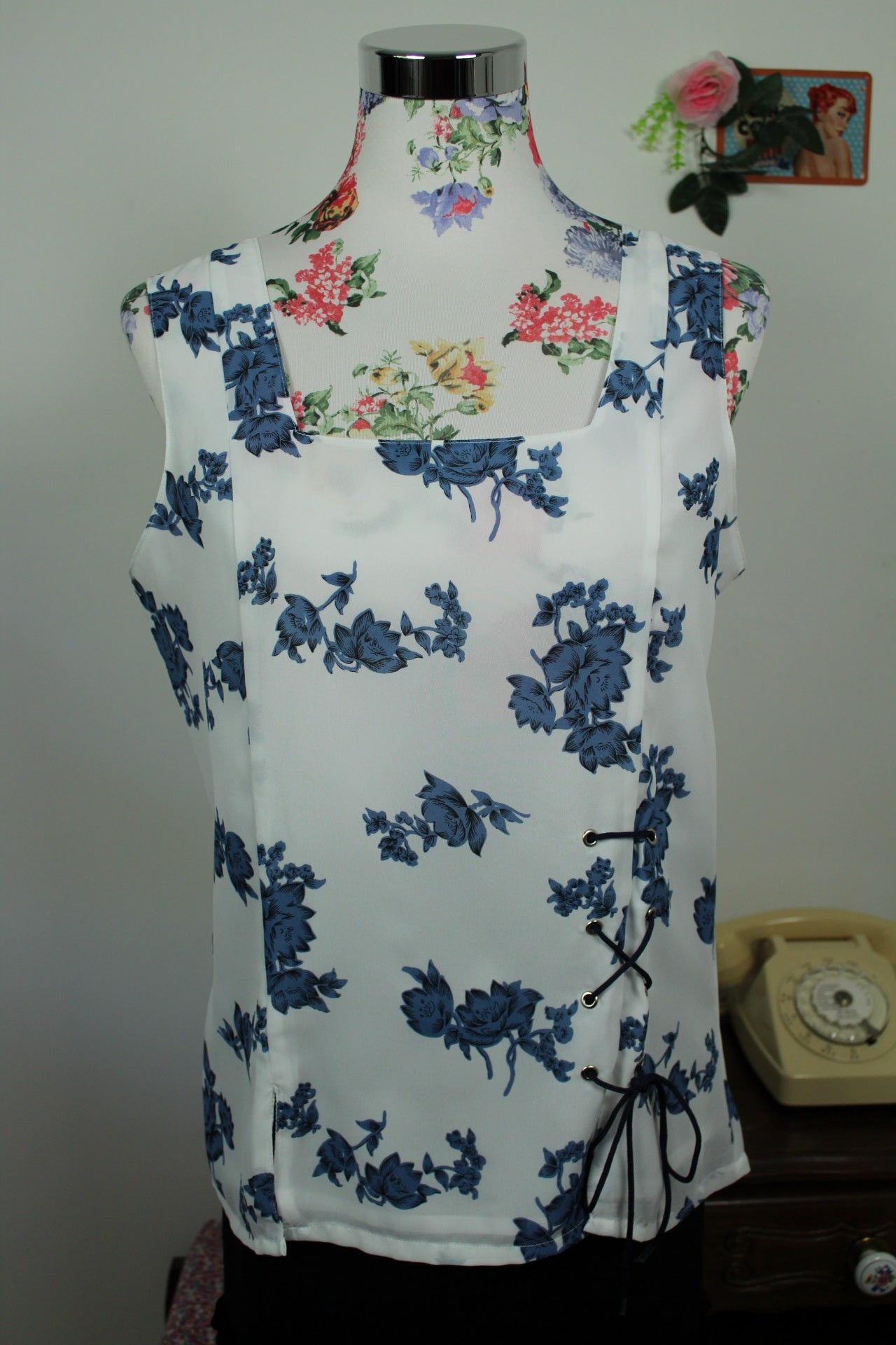 🌸🍒Débardeur vintage 90's fleuri romantique & laçage - Taille 40🍒🌸