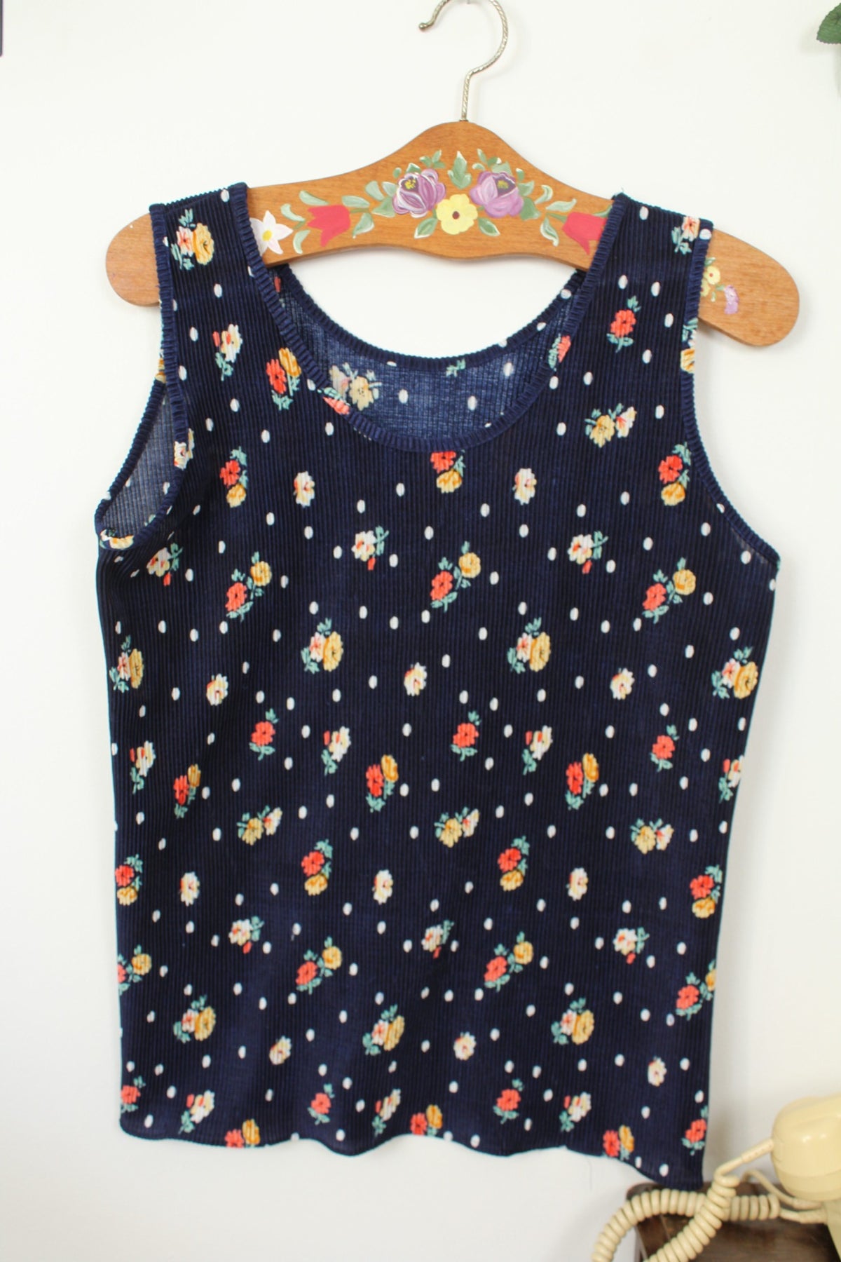 🌸🍒Débardeur côtelé vintage années 90 pois & fleurs - Taille 40/42🍒🌸