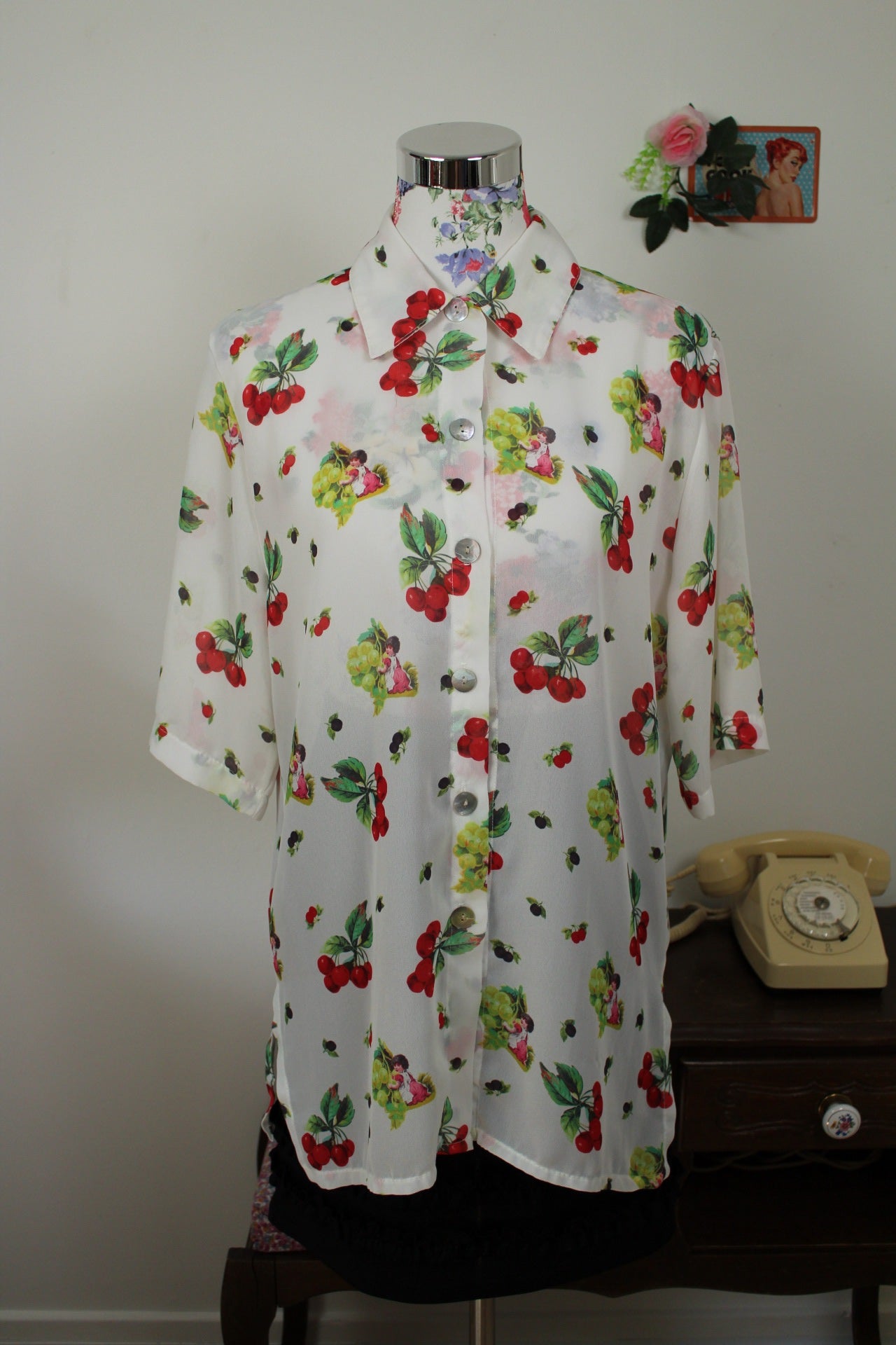 🌸🍒Chemise vintage 80/90's motifs fruits & anges romantique - Taille 38/40🍒🌸
