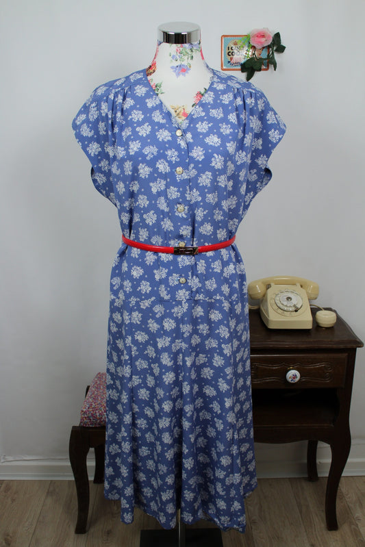🌸🍒Robe vintage 90's bleue & bouquets de fleurs - Gevana made in France - Taille 42/44🍒🌸
