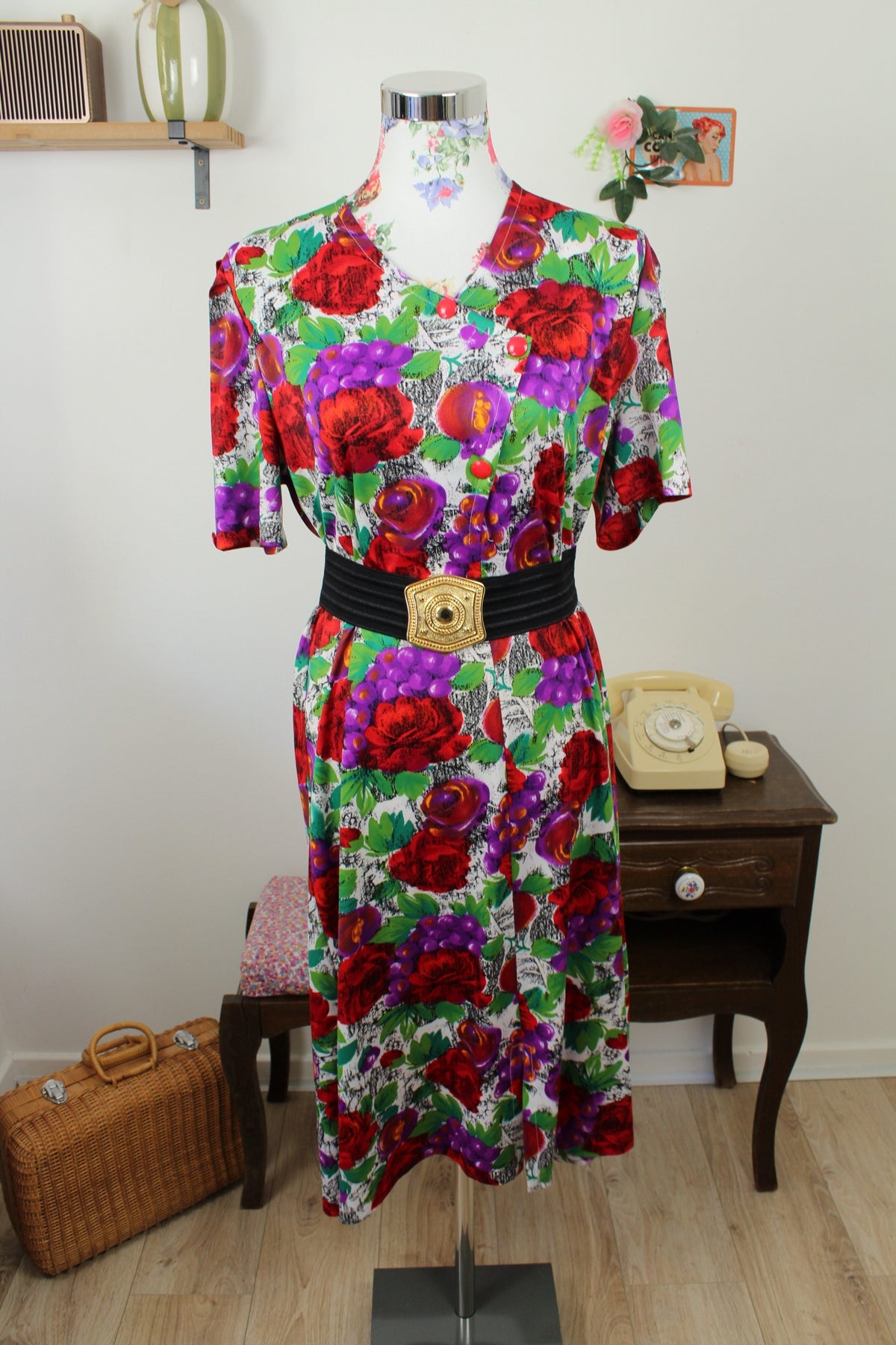 🌸🍒Robe vintage années 80 romantique - roses rouges & grappes de raisins - Taille 40/42🍒🌸