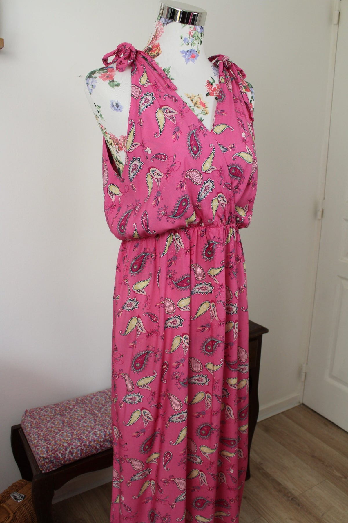 Robe longue fluide rose pep's motifs paisley - made in Italy - Taille 40