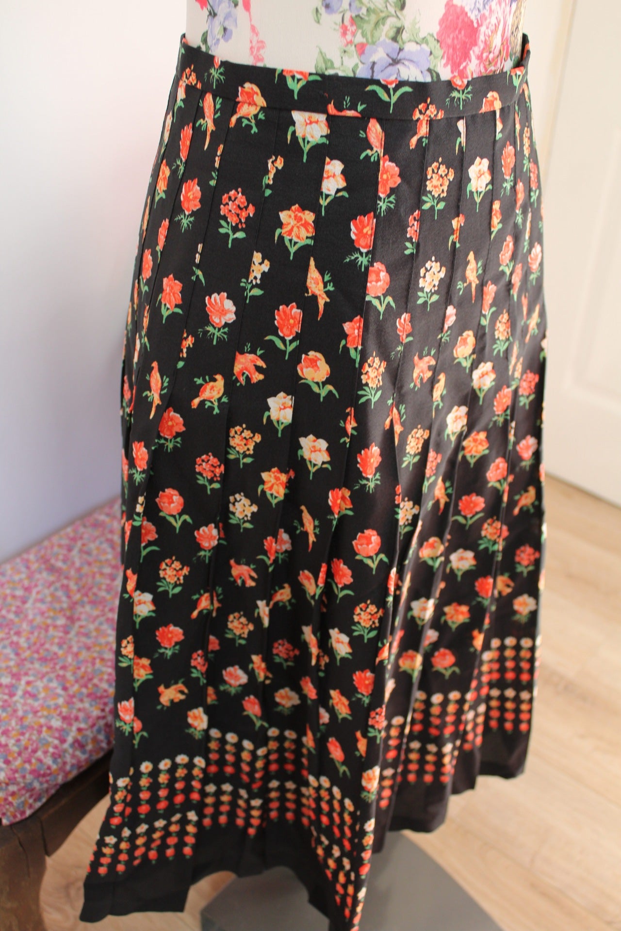 🌸🍒Jupe plissée vintage 70's romantique oiseaux & fleurs - Taille 36🍒🌸