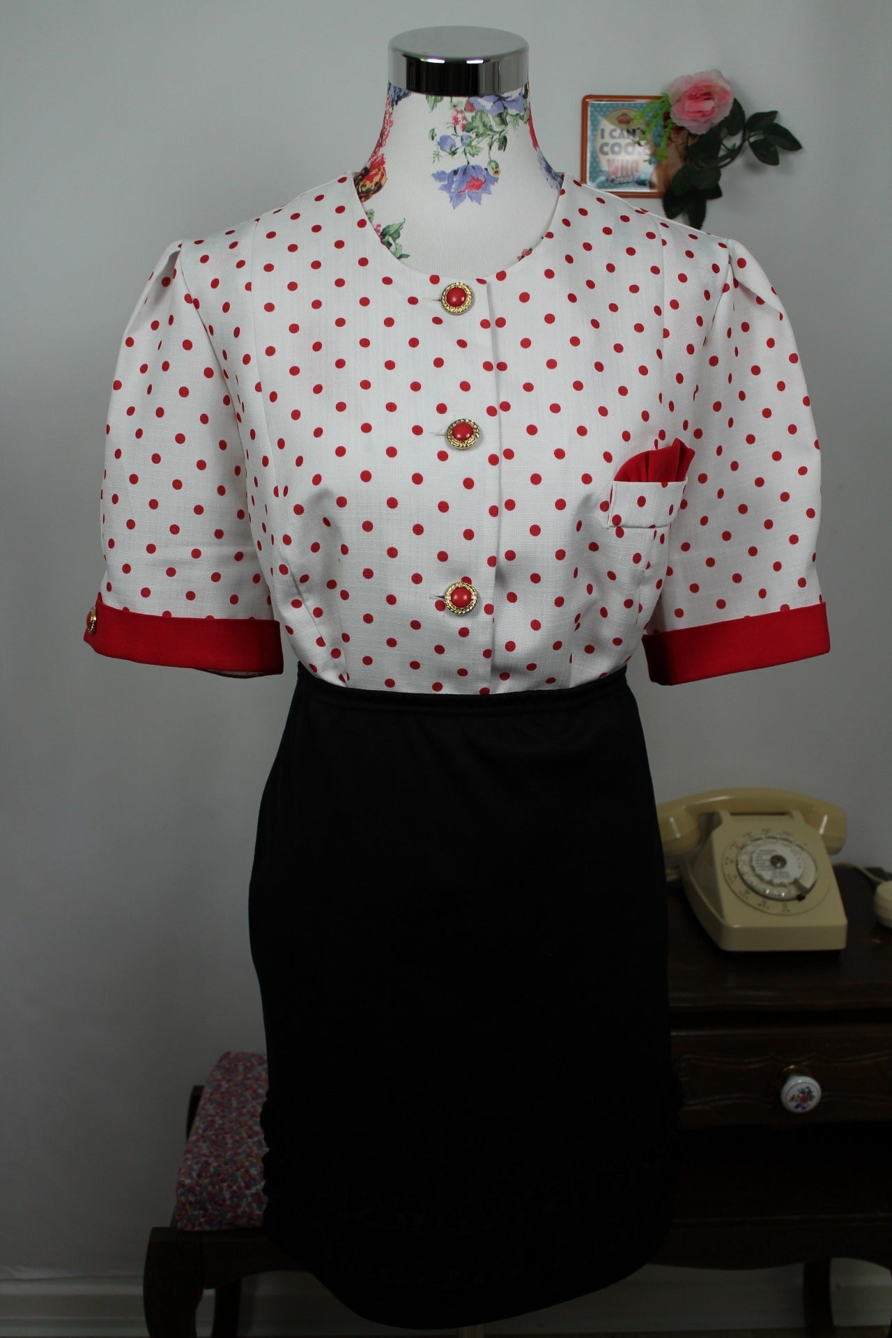 🌸🍒Blouse vintage 80's esprit tailleur pin-up rockabilly - pois & boutons bijoux - Taille 44🍒🌸