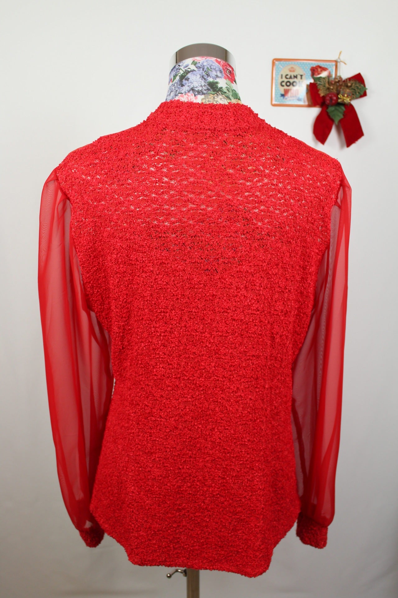 🎄Blouse rouge festive vintage 90's - dentelle, strass & manches transparentes - Look Noël glamour🎄