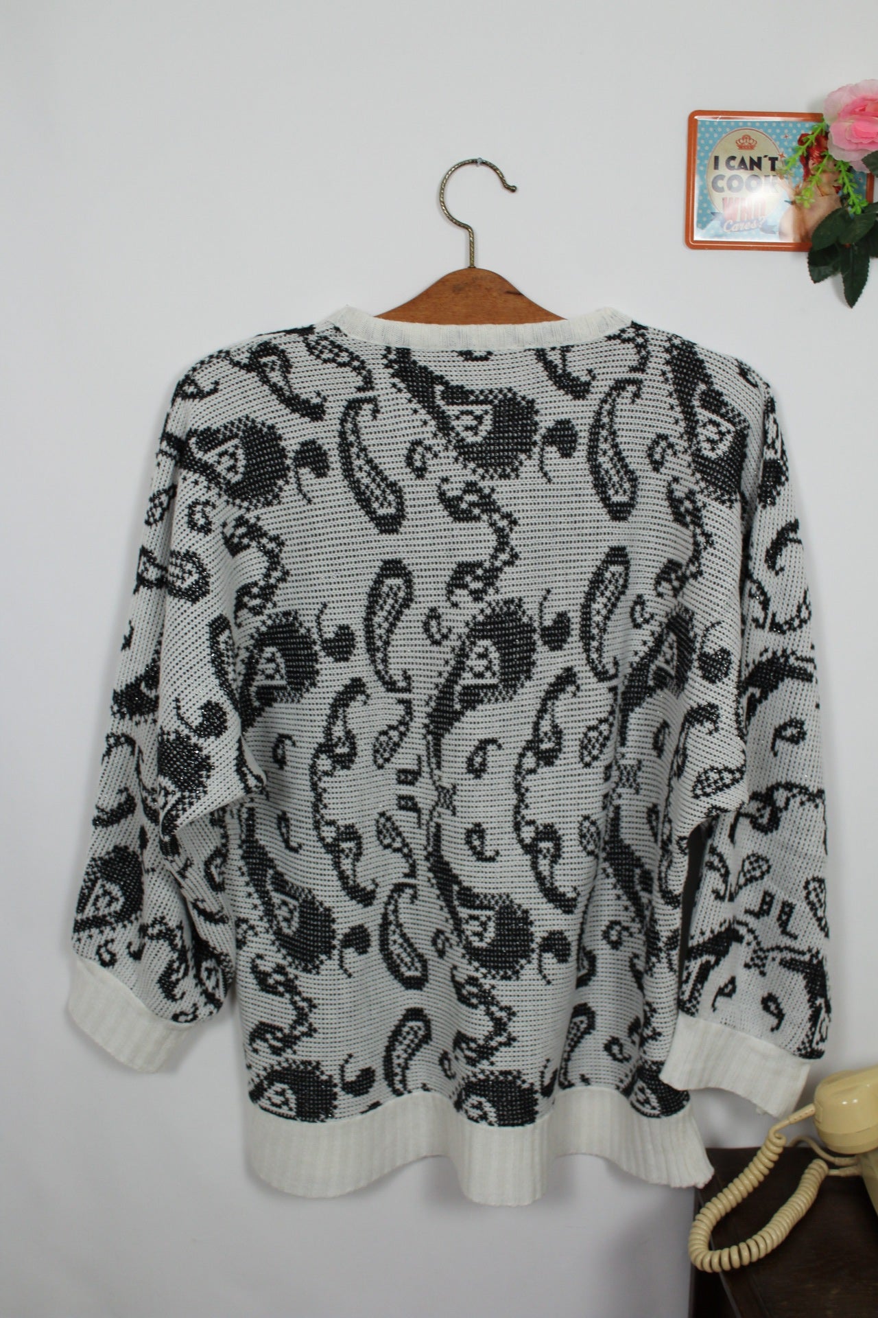 🌸🍒Pull vintage années 80 paisley graphique - noir et blanc - Taille 38 à 42🍒🌸