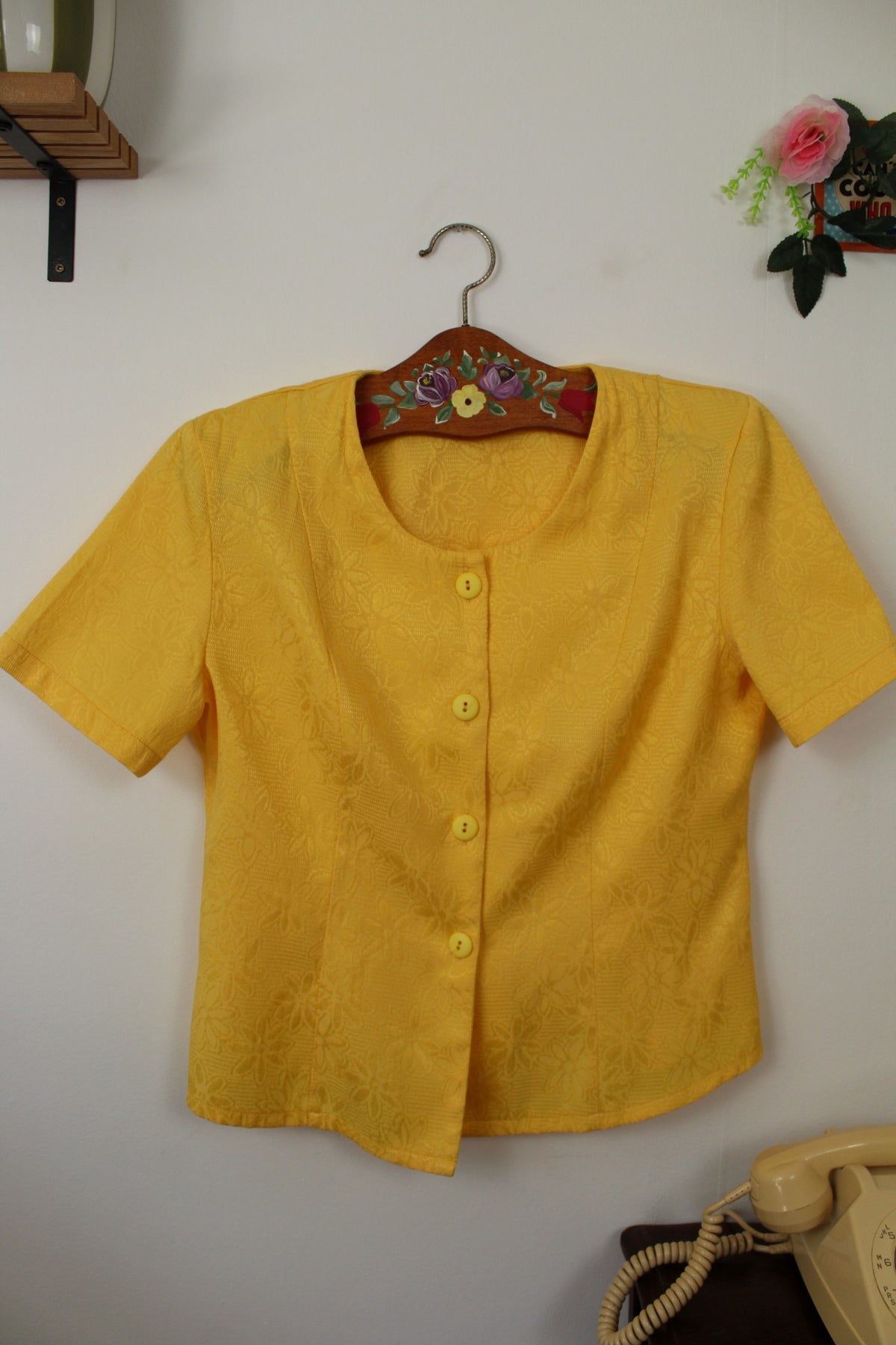 🌸🍒 Ensemble jupe + blouse vintage années 80 tissu texturé jacquard fleuri jaune - Taille 38/40🍒🌸