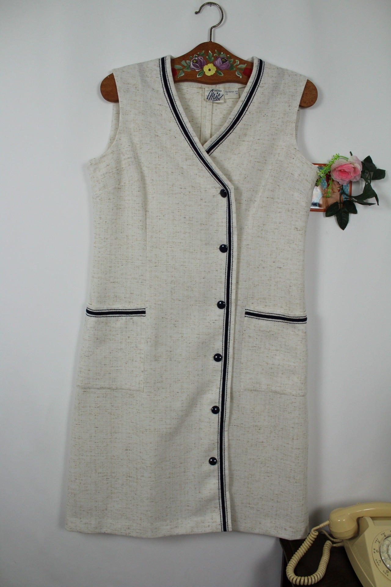 🍒🌸Robe vintage 80s crème chinée en lin - Taille 40🌸🍒