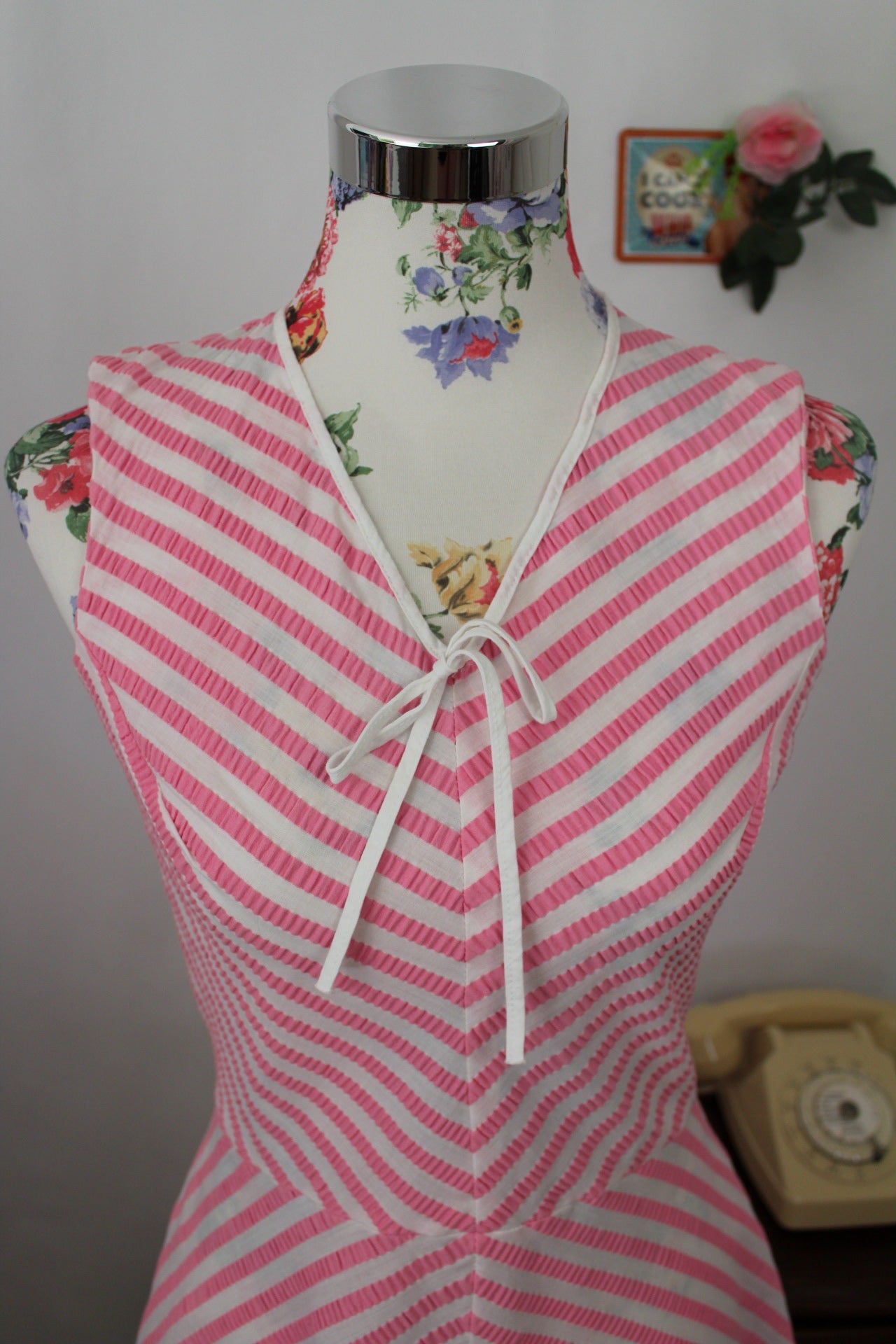 🍒🌸Robe vintage 60's en coton à rayures ondulées rose peps - Taille 36🌸🍒