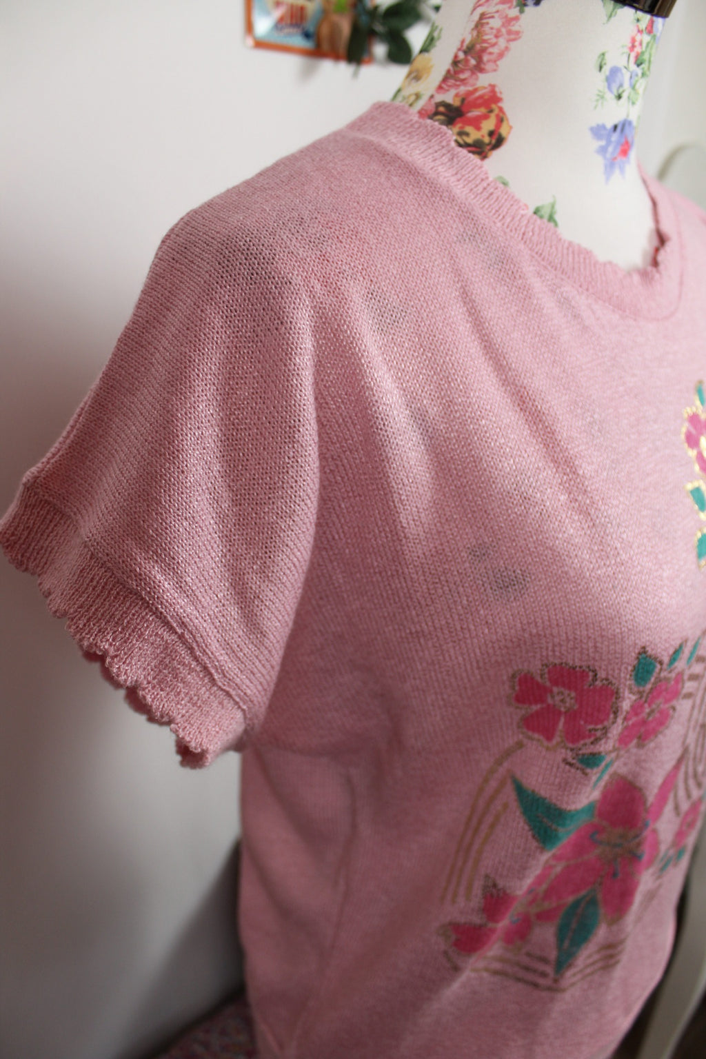 🌸🍒Pull vintage fleuri rose 70/80s en coton🍒🌸