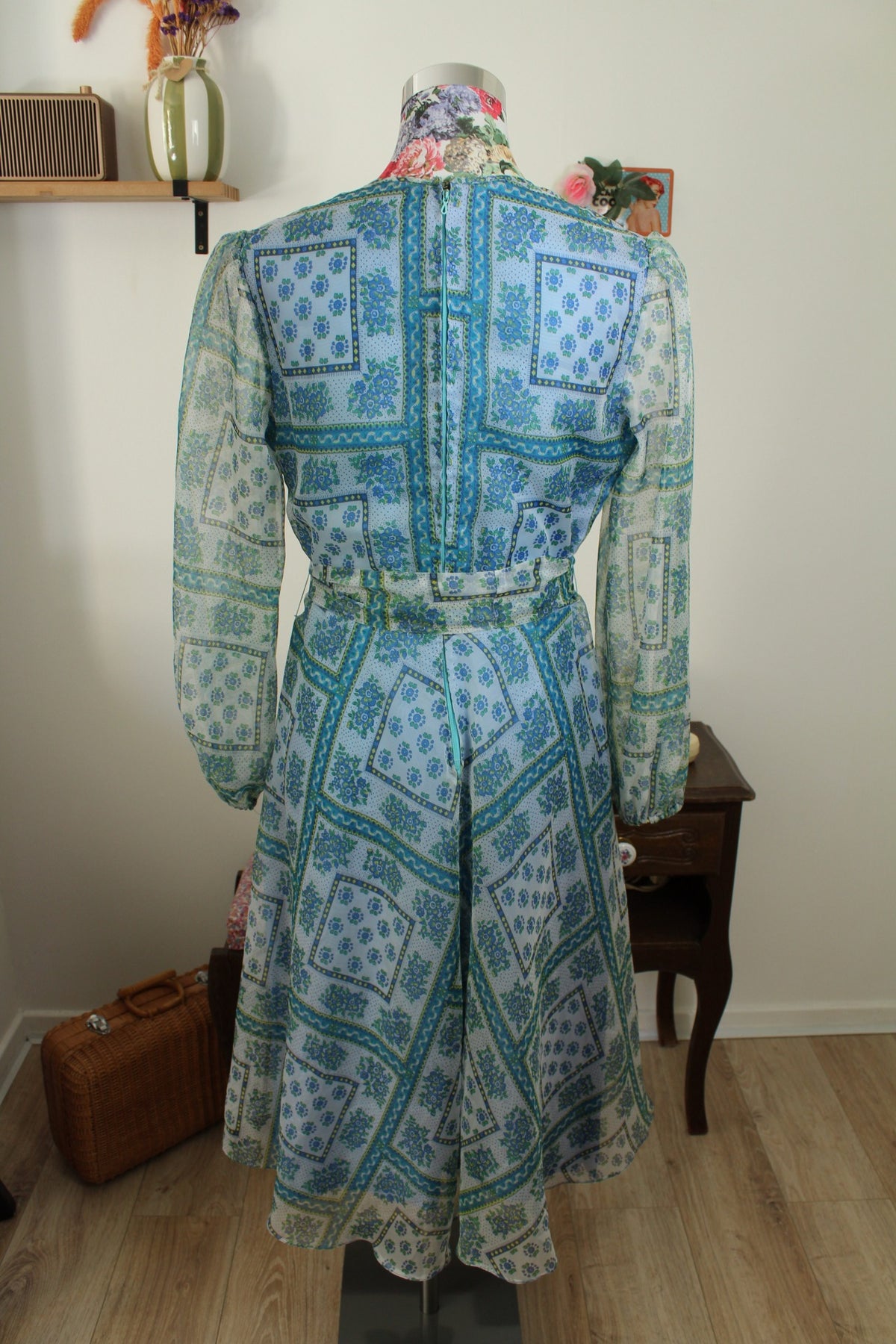 Robe midi vintage années 70 - bohème fleurie manches transparentes - Taille 38