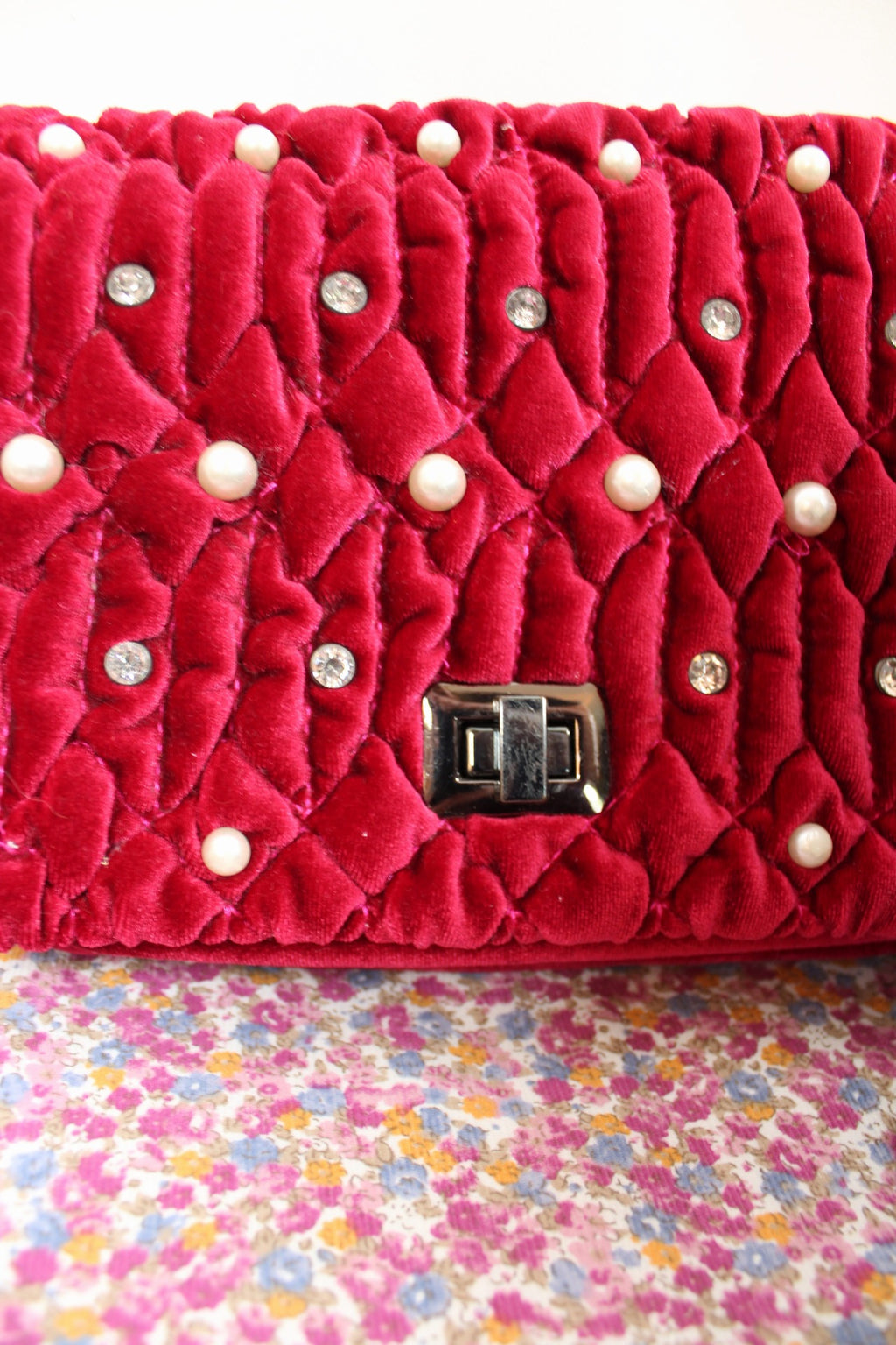 🎄Sac de soirée velours framboise - perles & strass🎄