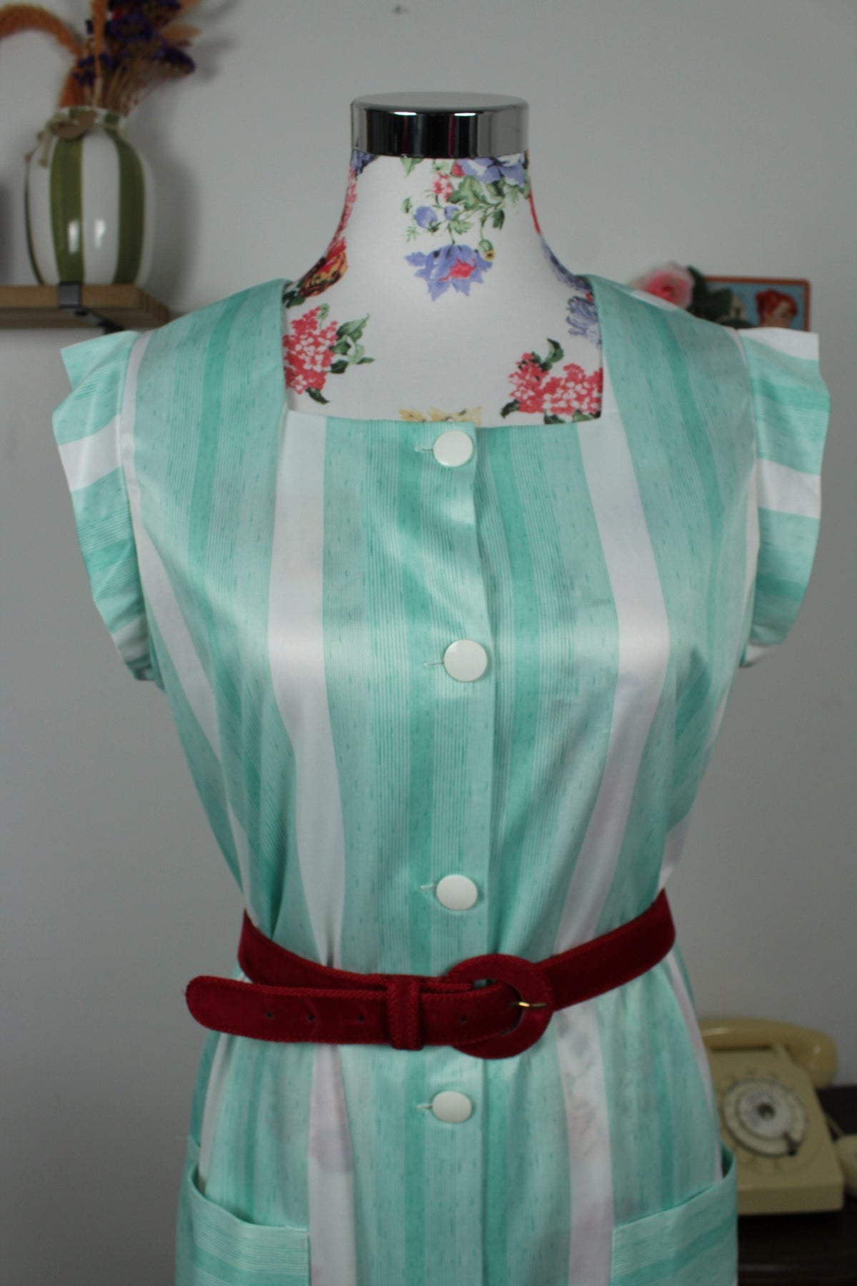 Robe vintage années 90/90 rayée vert menthe - pin-up/rockabilly Taille 40/42