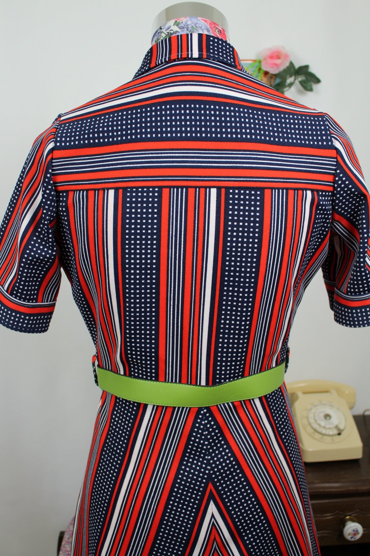 🌸🍒Robe vintage 70's Navy pin-up chic - rayures rouge/marine & pois - Taille 38🍒🌸