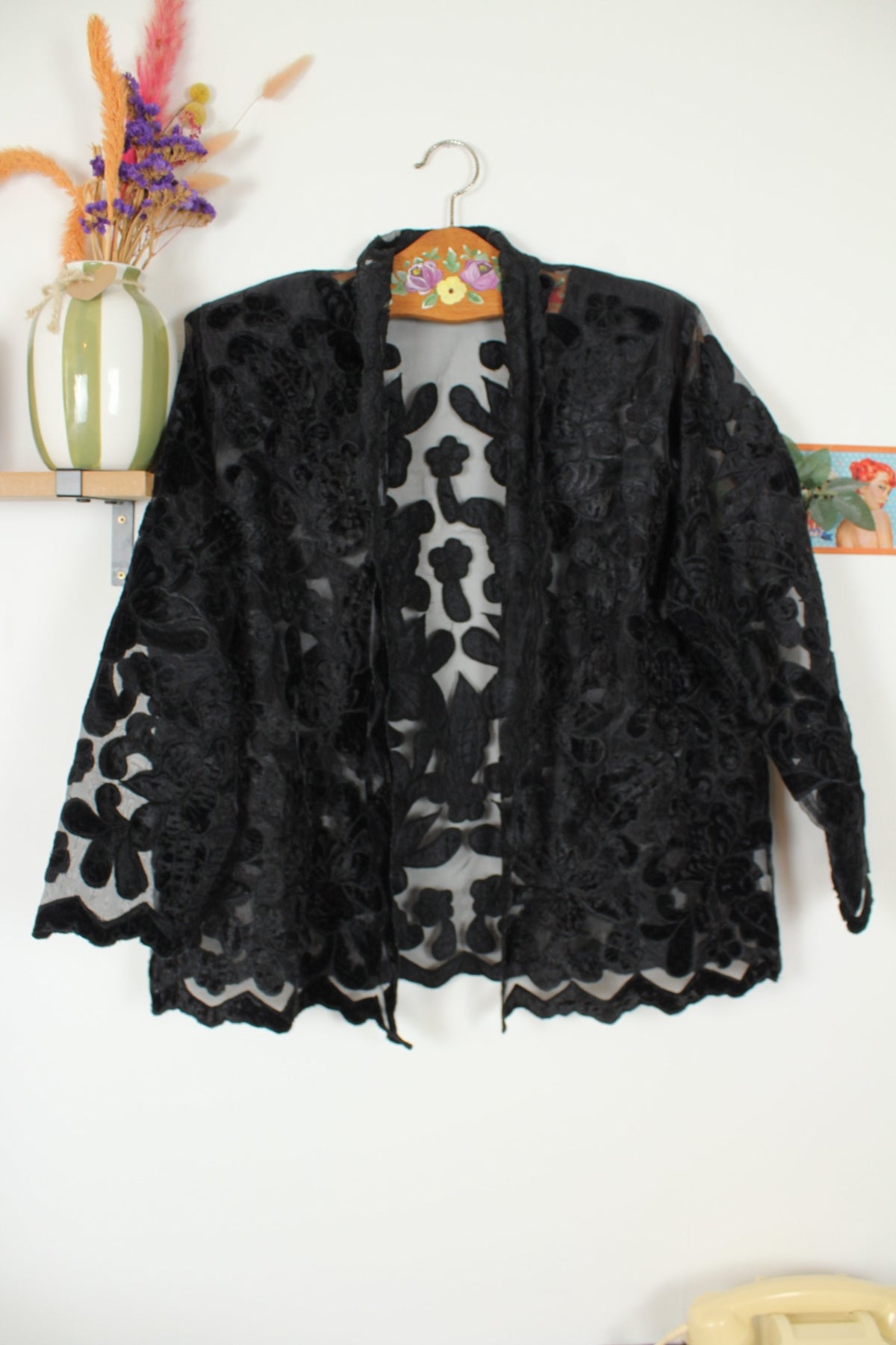 Cardigan noir transparent vintage années 80 dentelle fleurie baroque dark romantique gothique - Taille 42/44