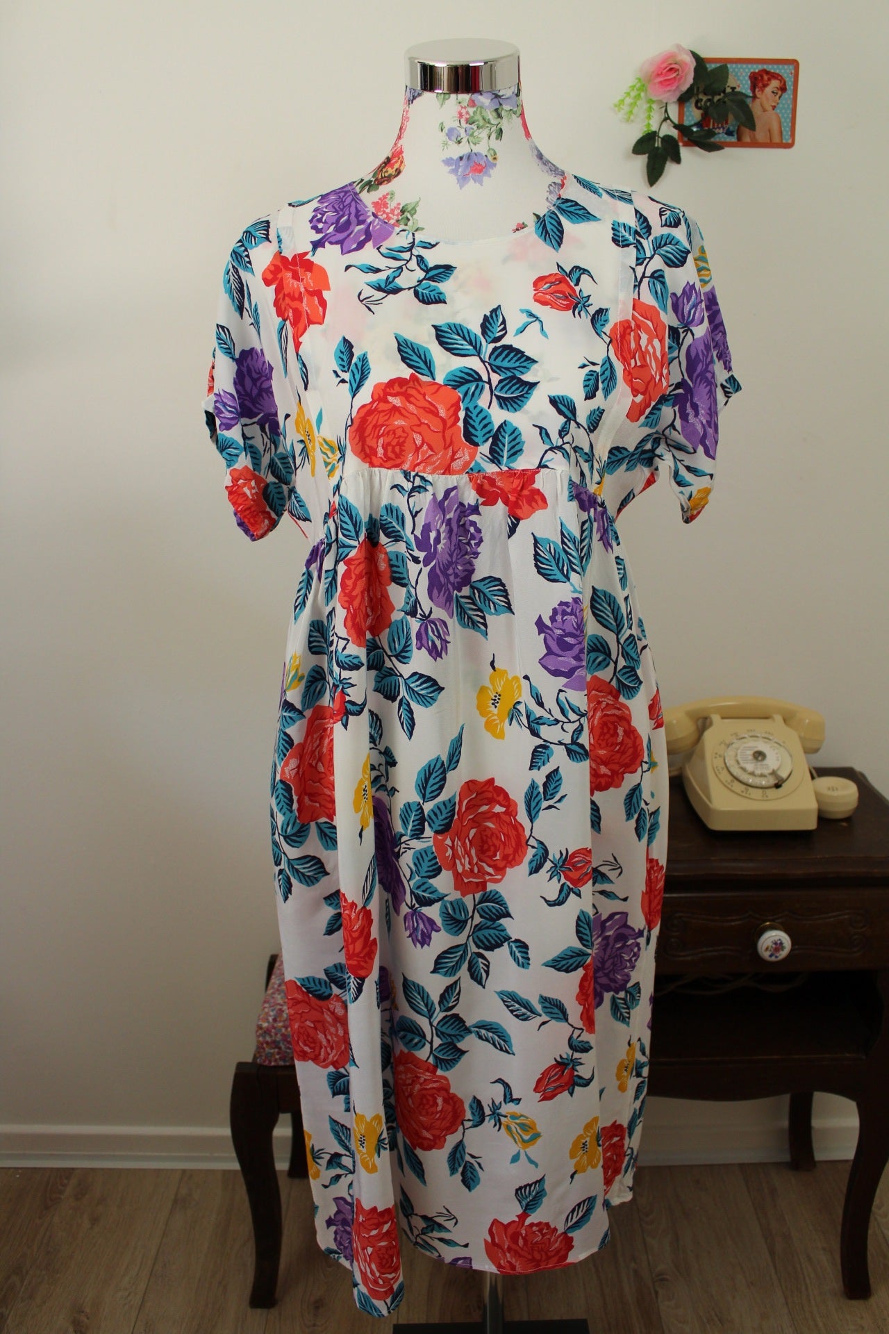 🌸🍒Robe vintage 80's blanche fleurie pep's - coupe & manches amples - Taille 38/40🍒🌸