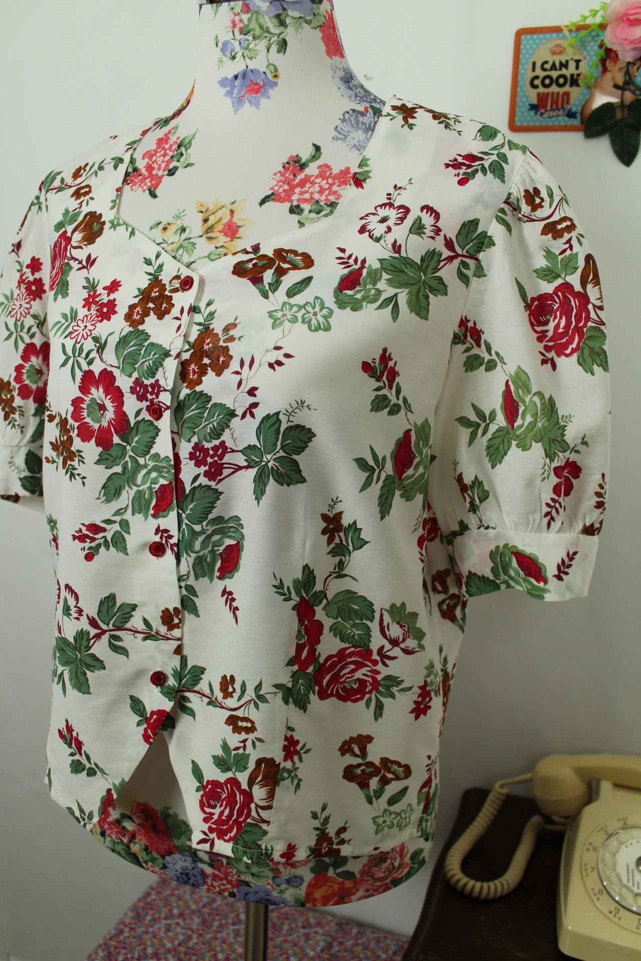 🌸🍒Blouse fleurie vintage 80's - manches bouffantes romantiques - Taille 38/40🍒🌸