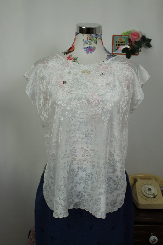 🌸🍒Top blanc vintage 80's satiné & broderies florales - Taille 38 à petit 42🍒🌸